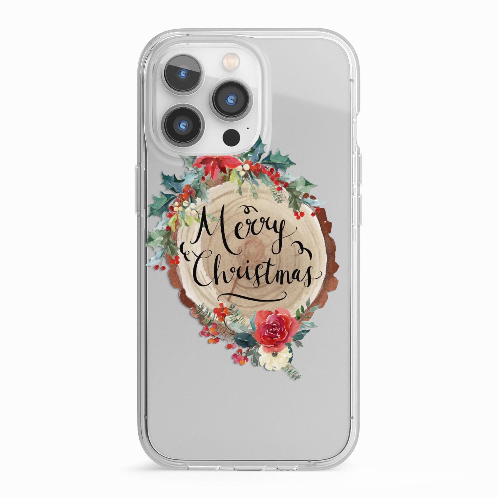 Merry Christmas Log Floral iPhone 13 Pro TPU Impact Case with White Edges