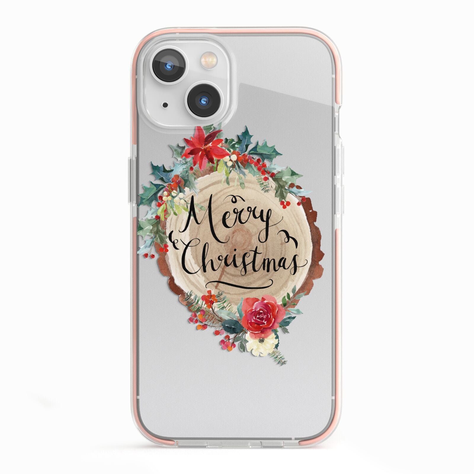Merry Christmas Log Floral iPhone 13 TPU Impact Case with Pink Edges