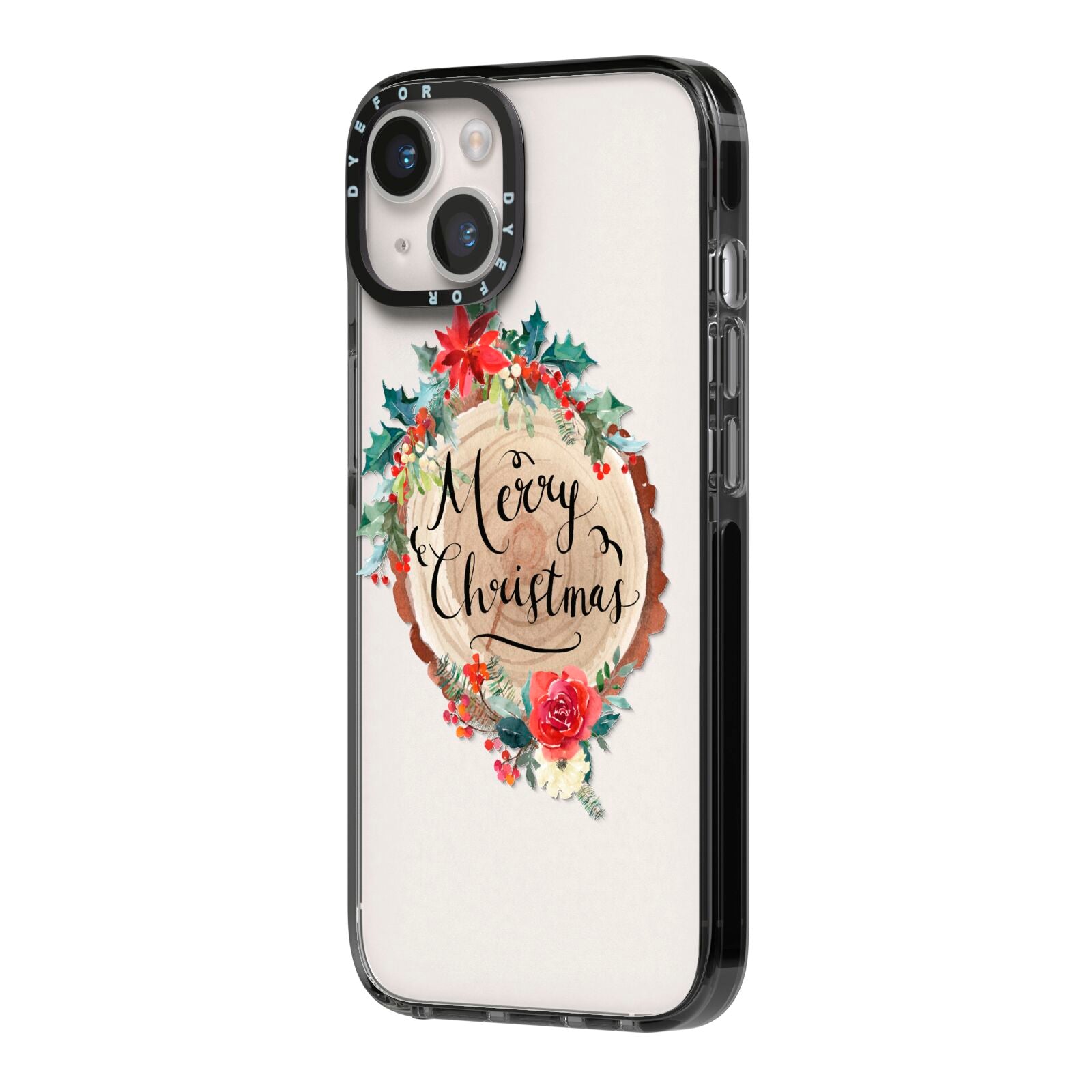 Merry Christmas Log Floral iPhone 14 Black Impact Case Side Angle on Silver phone