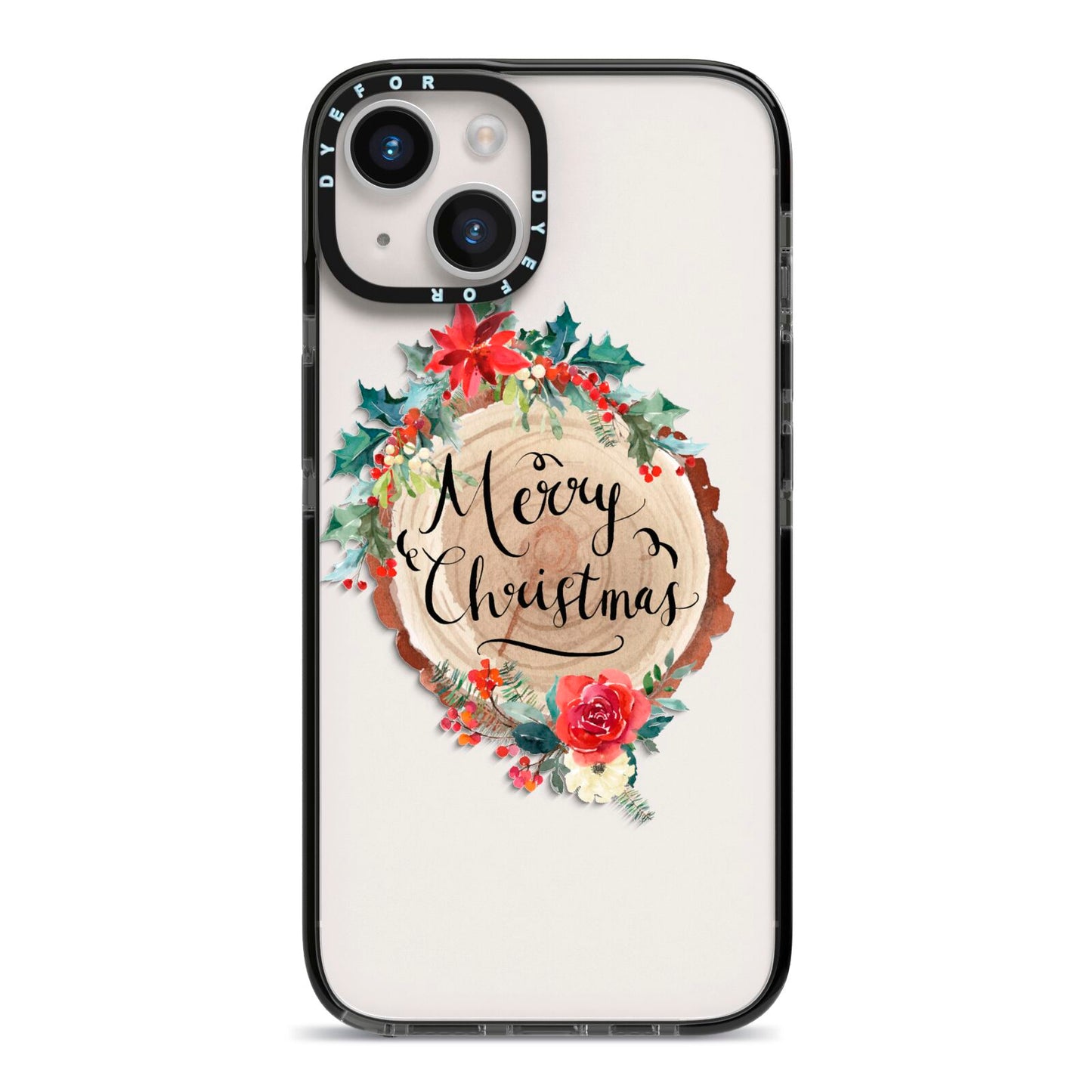 Merry Christmas Log Floral iPhone 14 Black Impact Case on Silver phone
