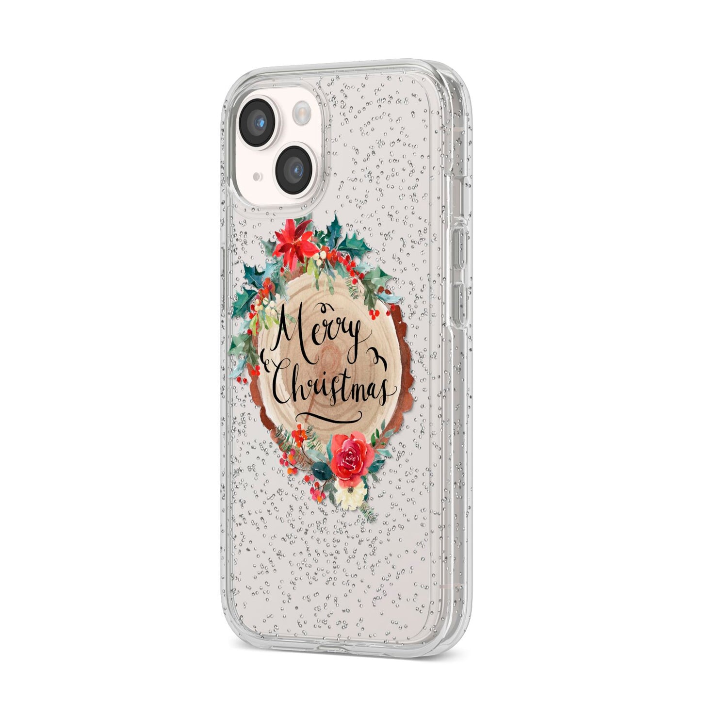 Merry Christmas Log Floral iPhone 14 Glitter Tough Case Starlight Angled Image