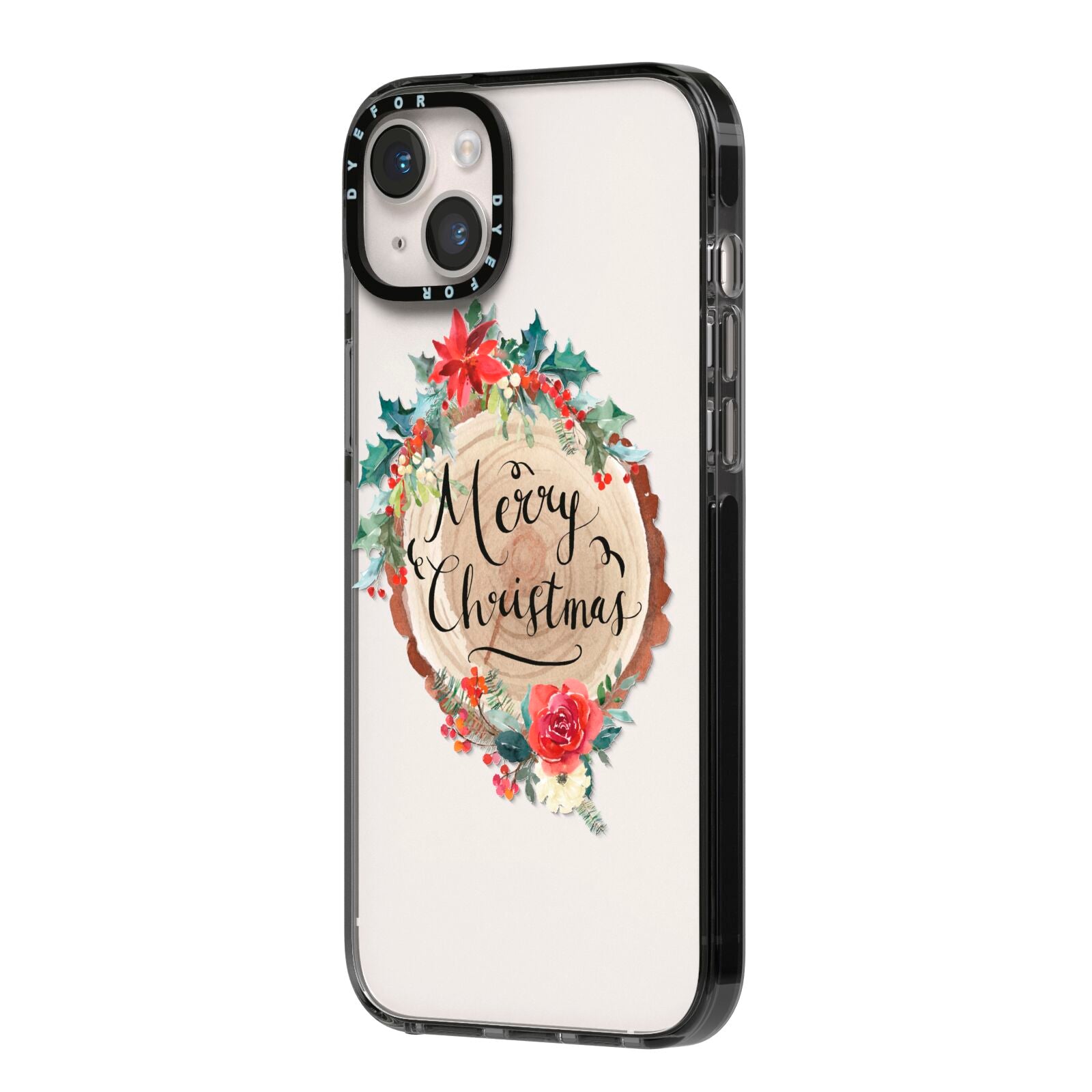 Merry Christmas Log Floral iPhone 14 Plus Black Impact Case Side Angle on Silver phone