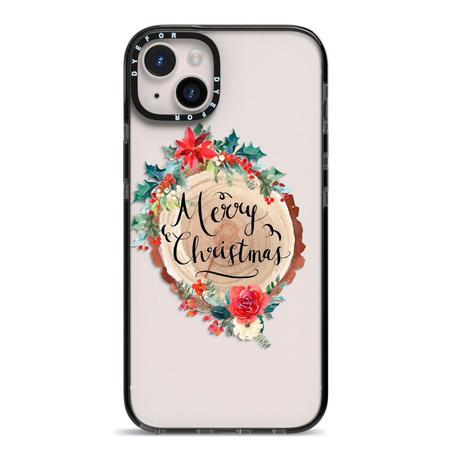 Merry Christmas Log Floral iPhone 14 Plus Black Impact Case on Silver phone