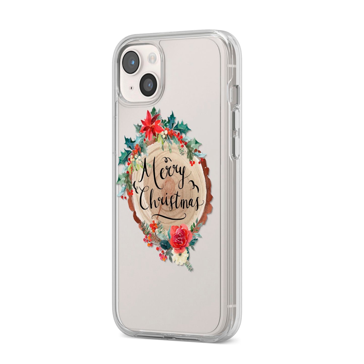 Merry Christmas Log Floral iPhone 14 Plus Clear Tough Case Starlight Angled Image