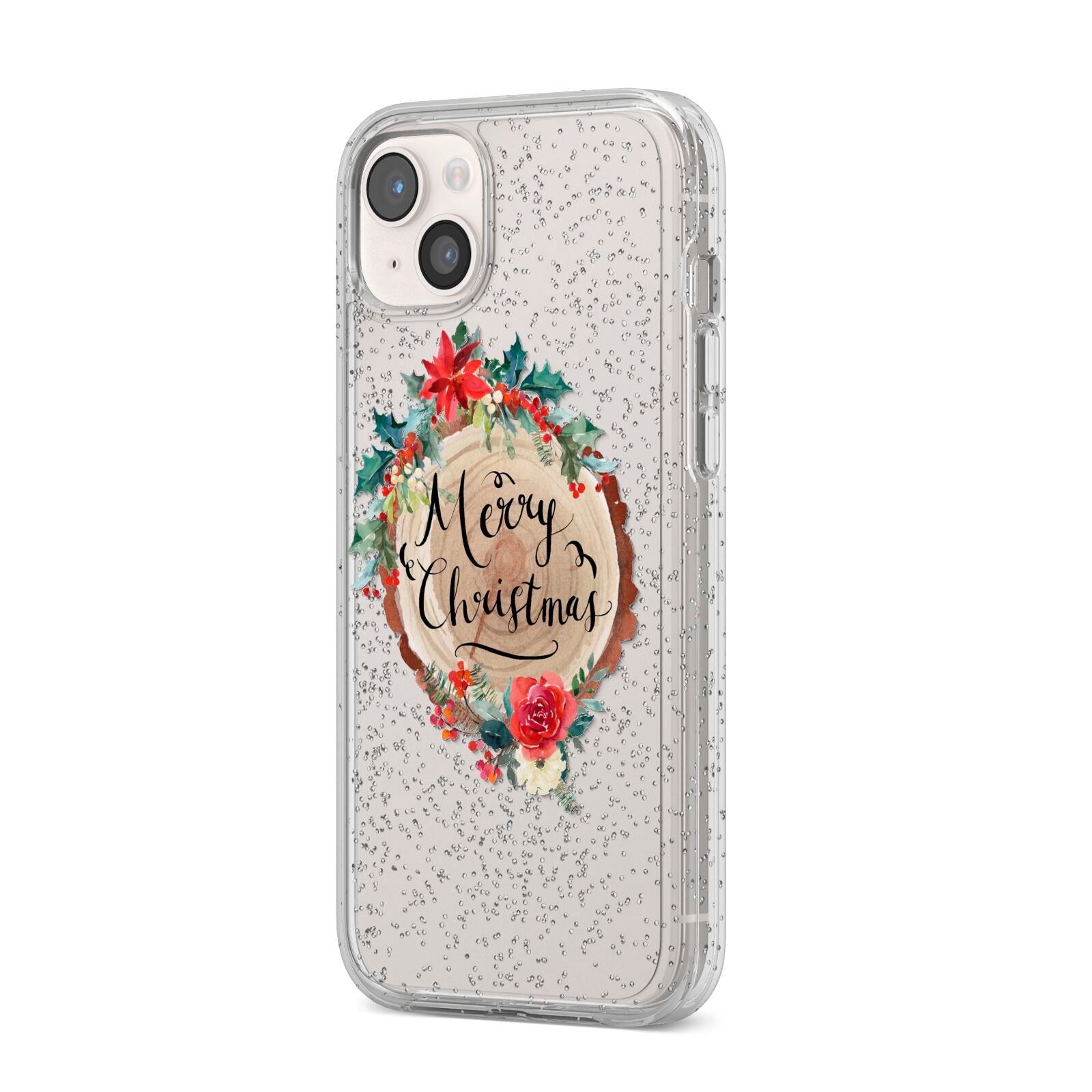 Merry Christmas Log Floral iPhone 14 Plus Glitter Tough Case Starlight Angled Image