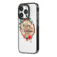 Merry Christmas Log Floral iPhone 14 Pro Black Impact Case Side Angle on Silver phone