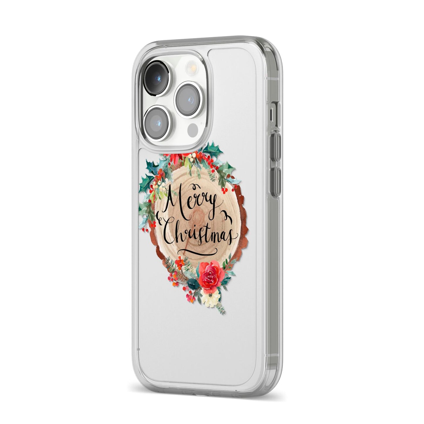 Merry Christmas Log Floral iPhone 14 Pro Clear Tough Case Silver Angled Image