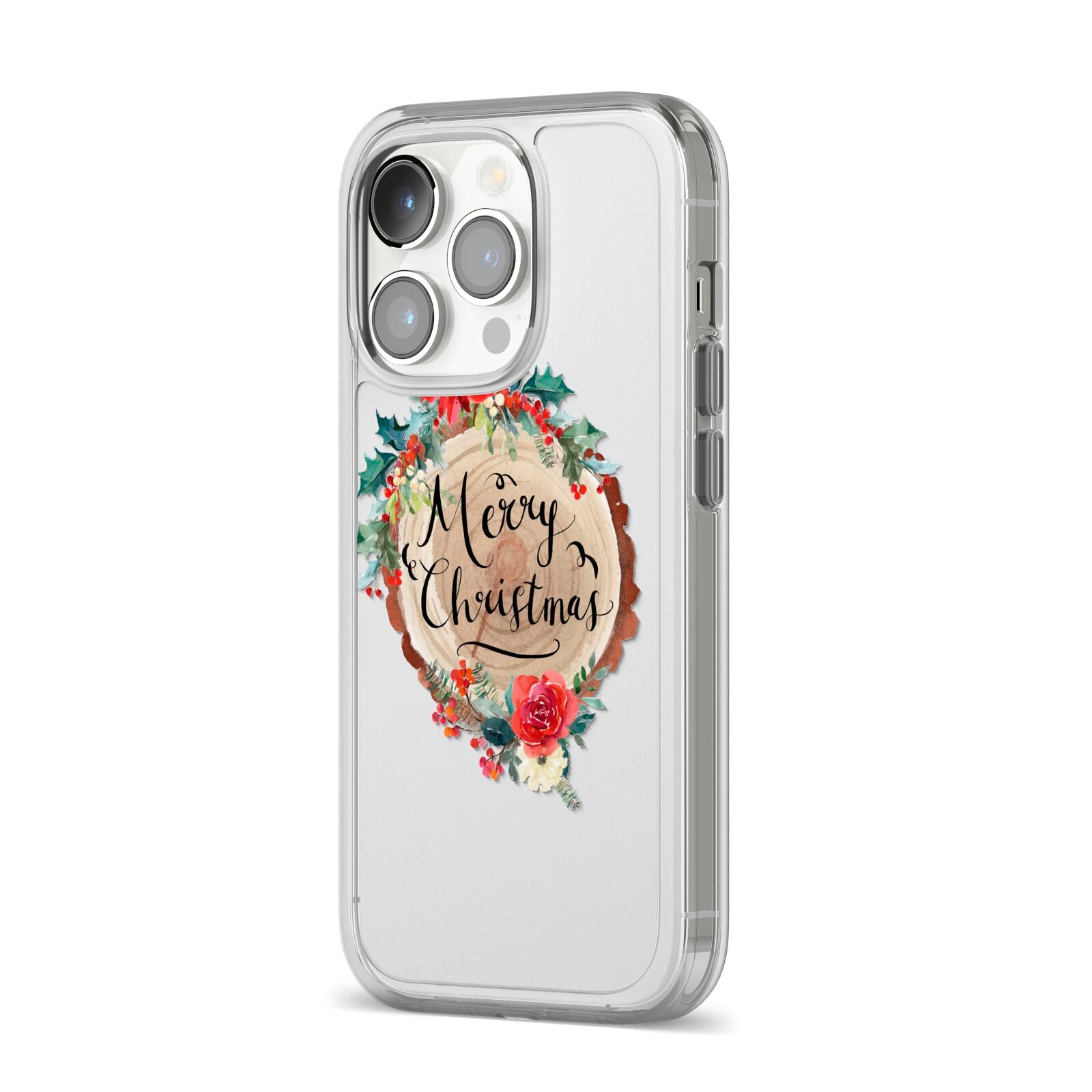 Merry Christmas Log Floral iPhone 14 Pro Clear Tough Case Silver Angled Image