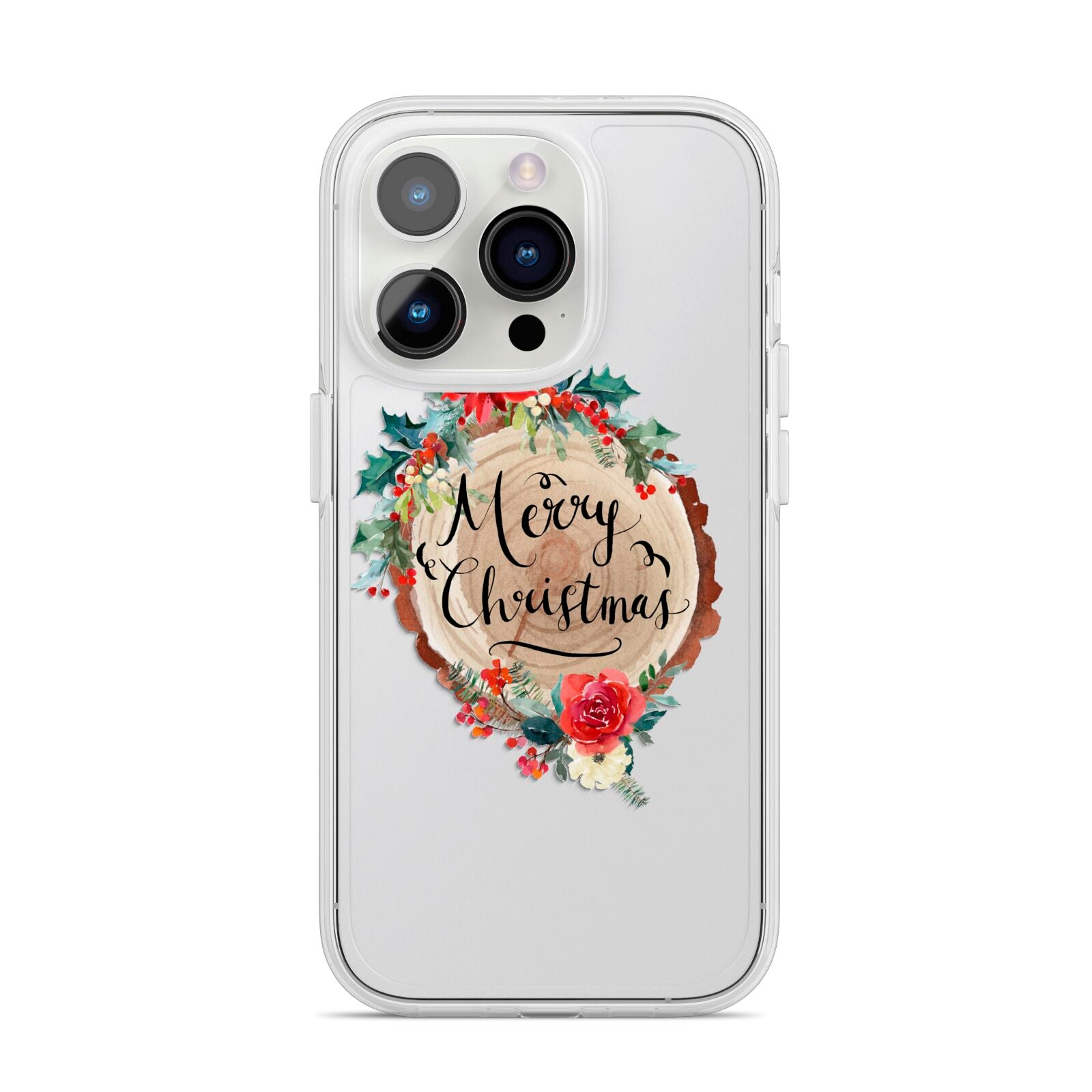 Merry Christmas Log Floral iPhone 14 Pro Clear Tough Case Silver