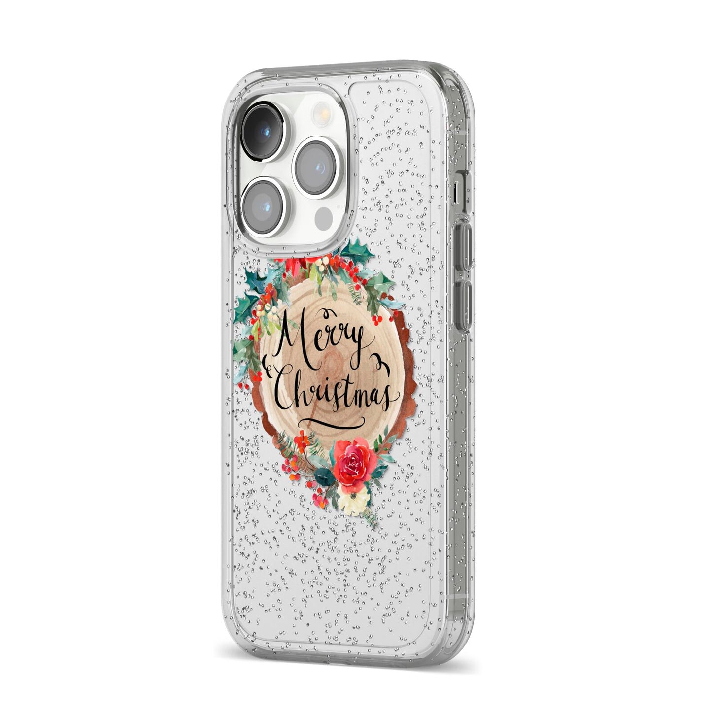 Merry Christmas Log Floral iPhone 14 Pro Glitter Tough Case Silver Angled Image