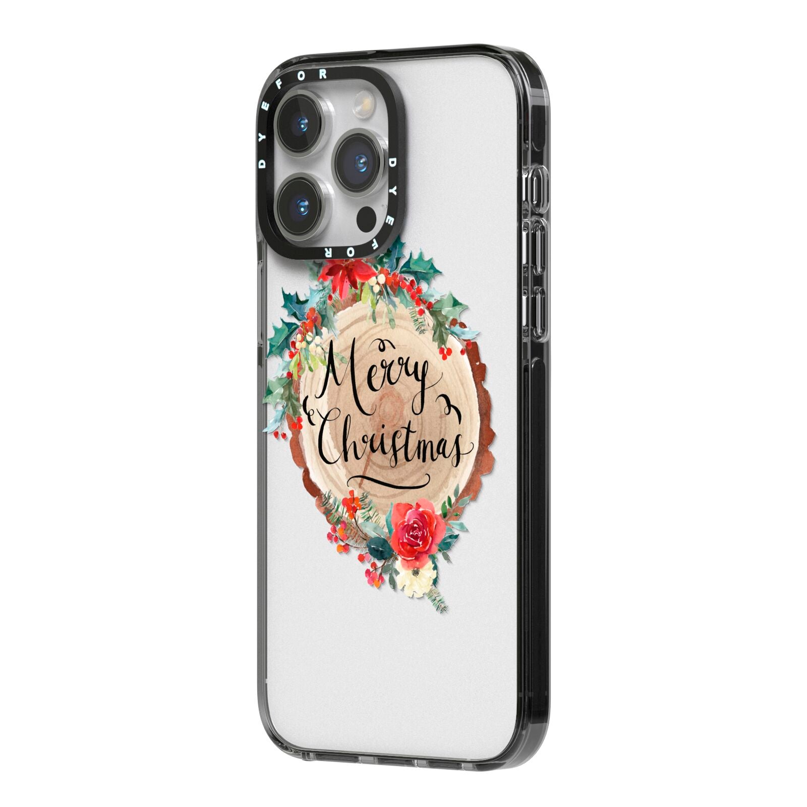 Merry Christmas Log Floral iPhone 14 Pro Max Black Impact Case Side Angle on Silver phone
