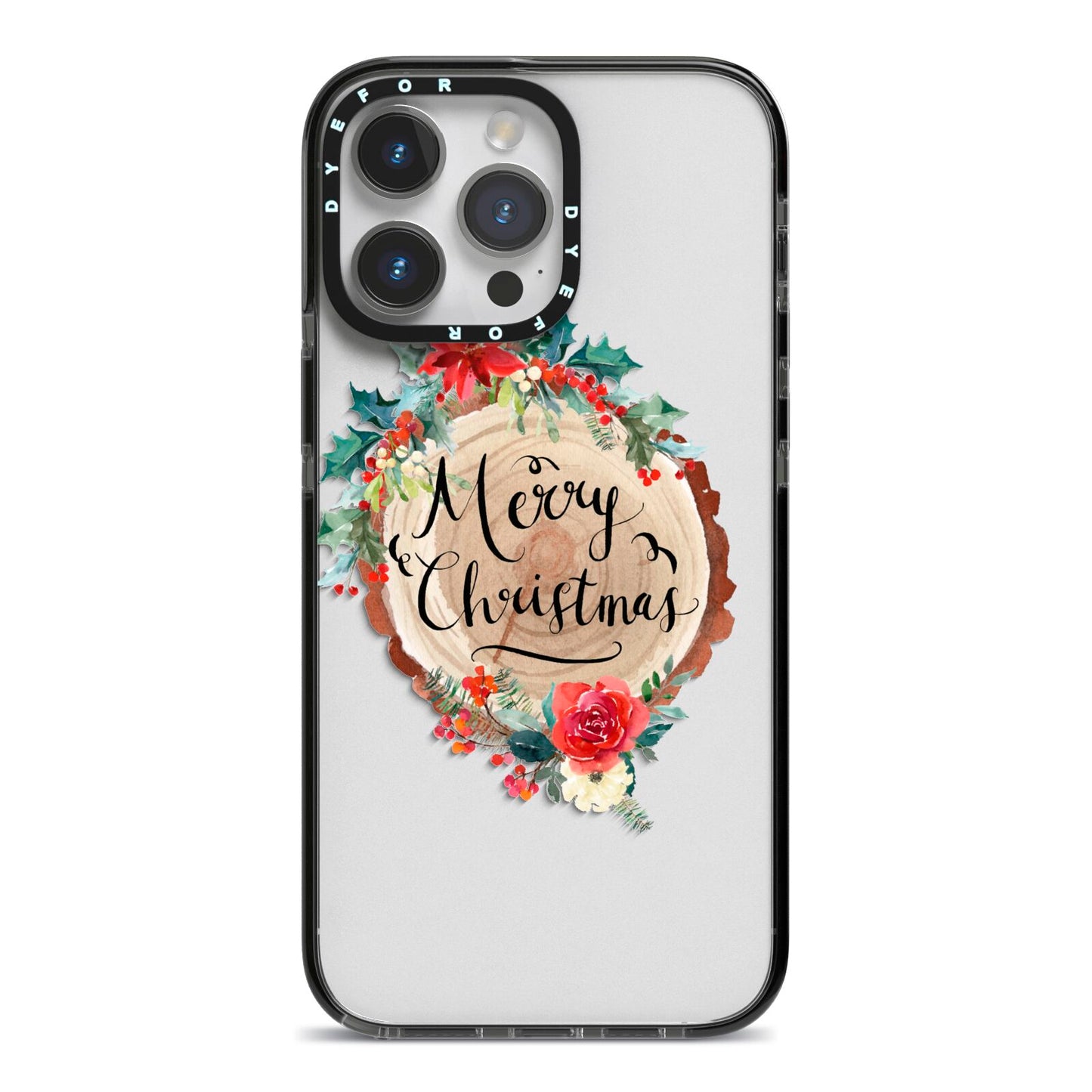 Merry Christmas Log Floral iPhone 14 Pro Max Black Impact Case on Silver phone