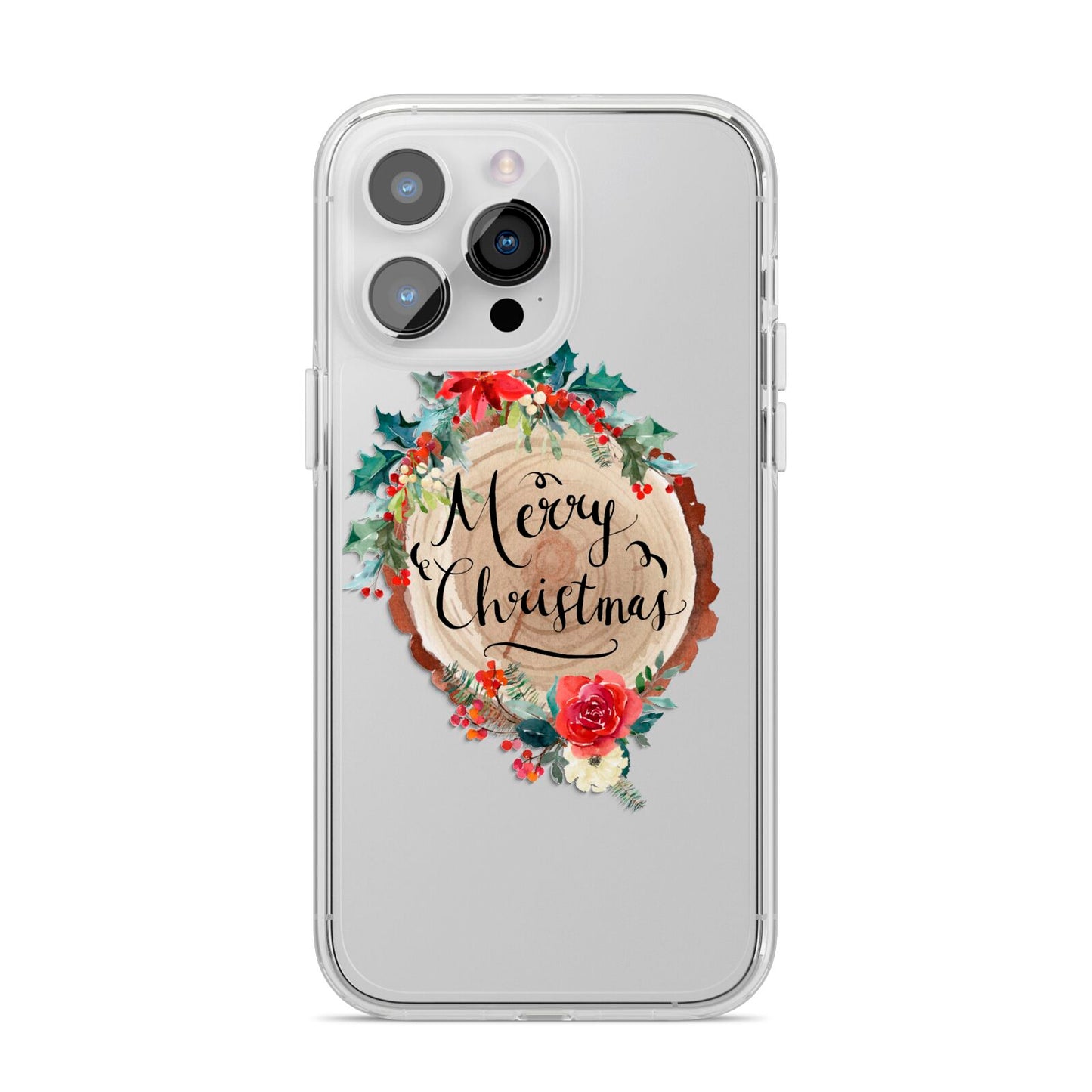 Merry Christmas Log Floral iPhone 14 Pro Max Clear Tough Case Silver