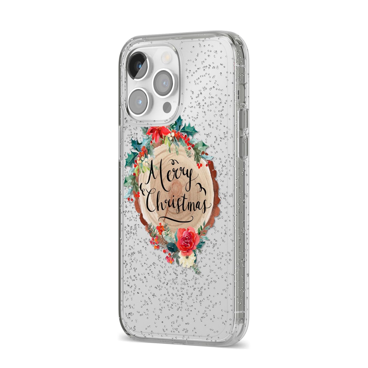 Merry Christmas Log Floral iPhone 14 Pro Max Glitter Tough Case Silver Angled Image