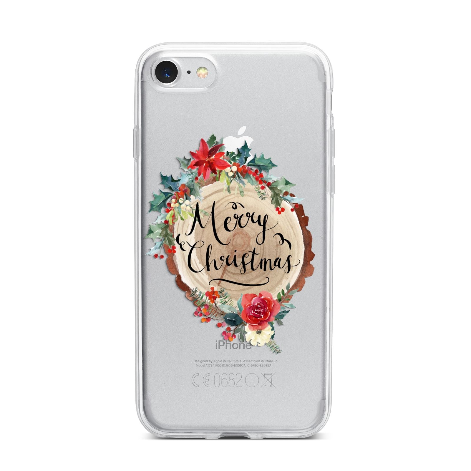 Merry Christmas Log Floral iPhone 7 Bumper Case on Silver iPhone