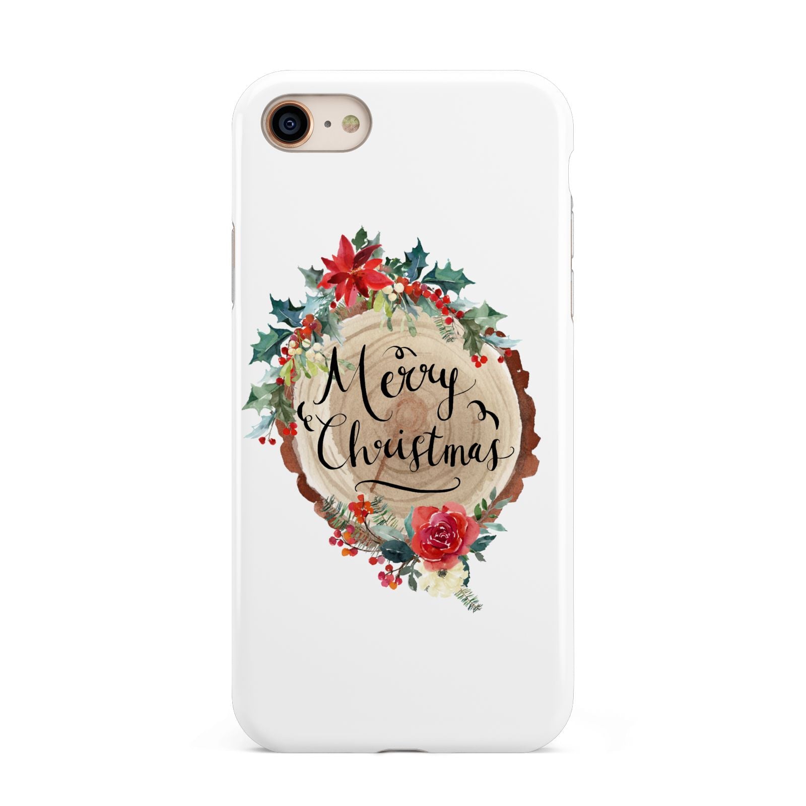 Merry Christmas Log Floral iPhone 8 3D Tough Case on Gold Phone