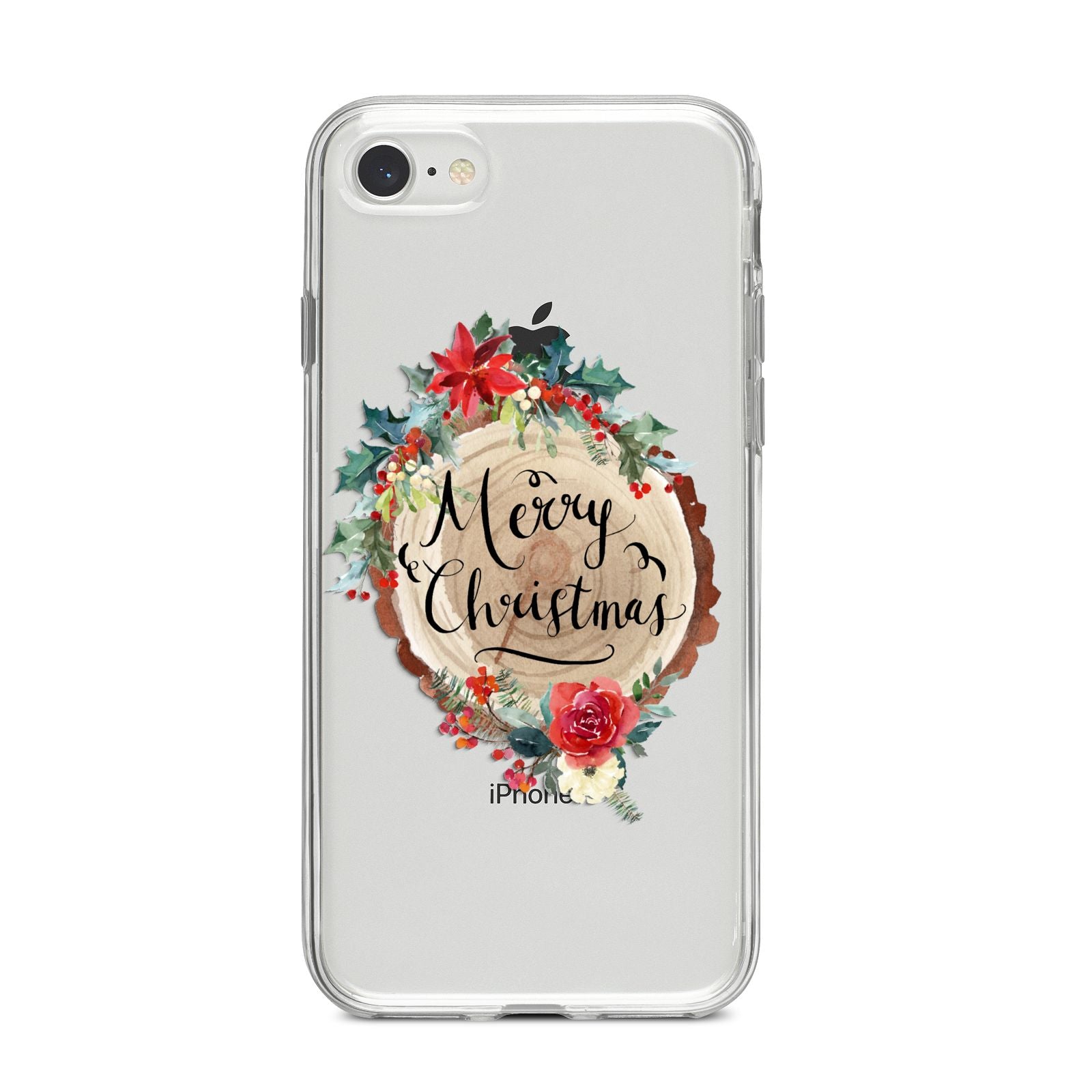 Merry Christmas Log Floral iPhone 8 Bumper Case on Silver iPhone