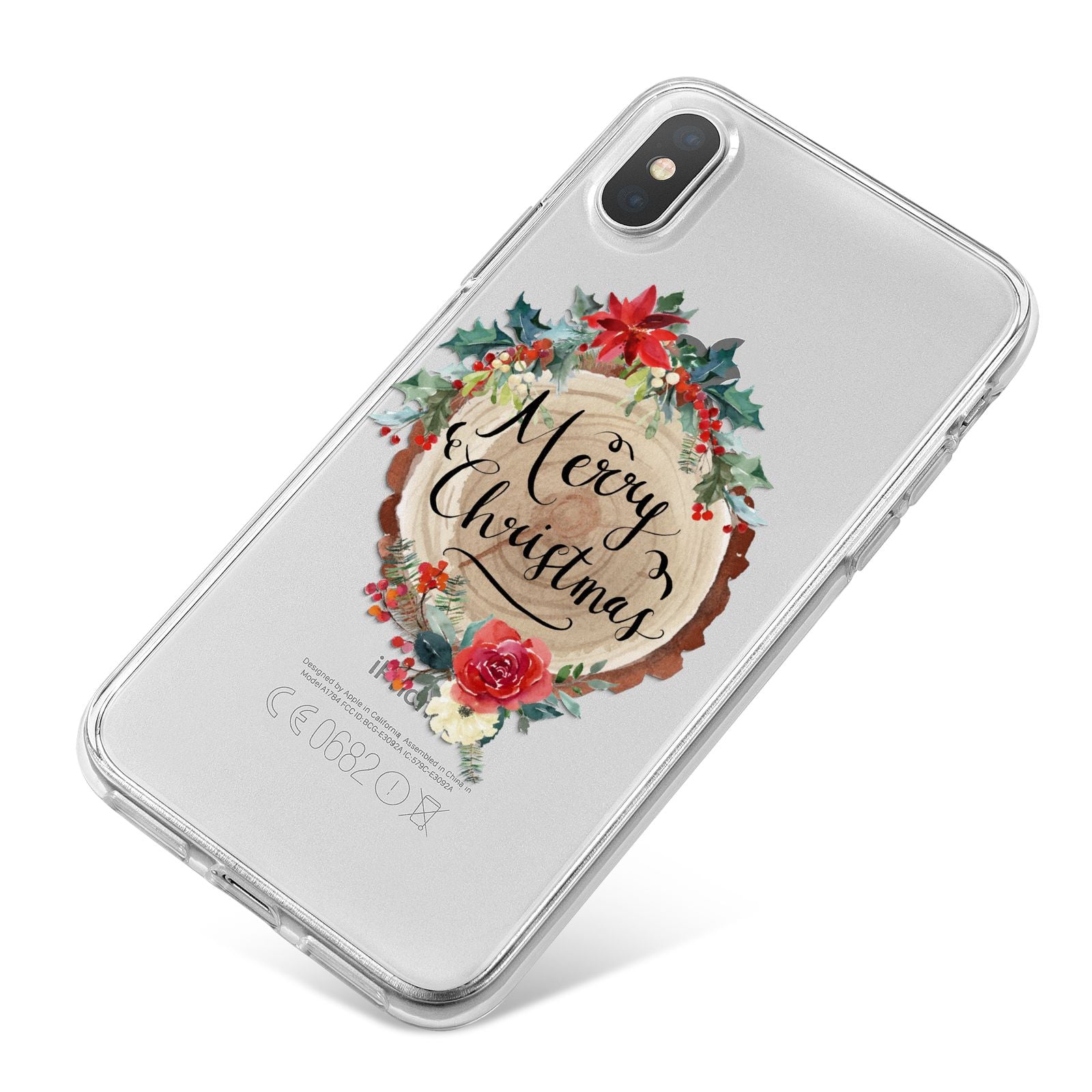 Merry Christmas Log Floral iPhone X Bumper Case on Silver iPhone