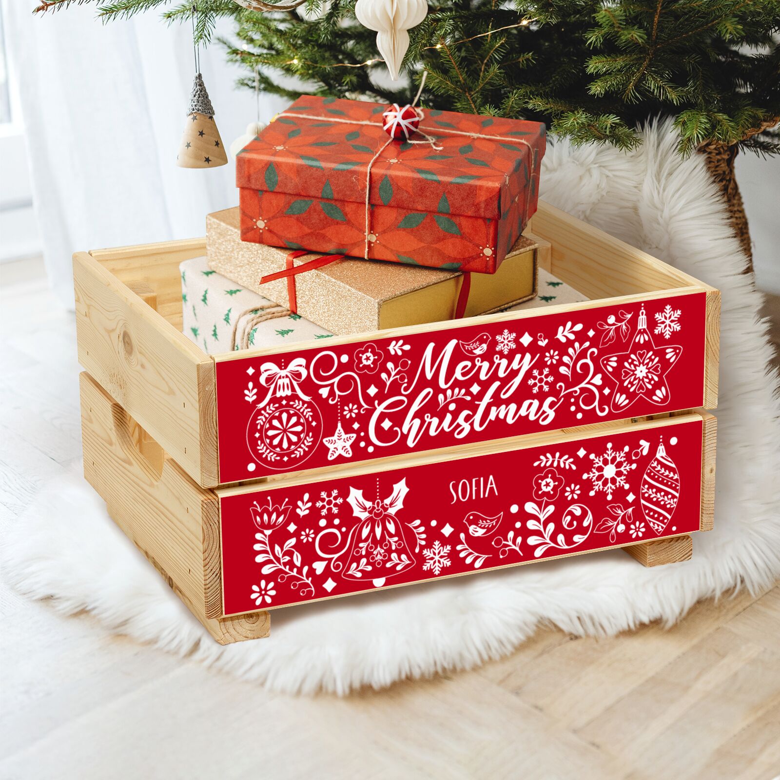 Merry Christmas Personalised Christmas Eve Crate Box in Cosy room