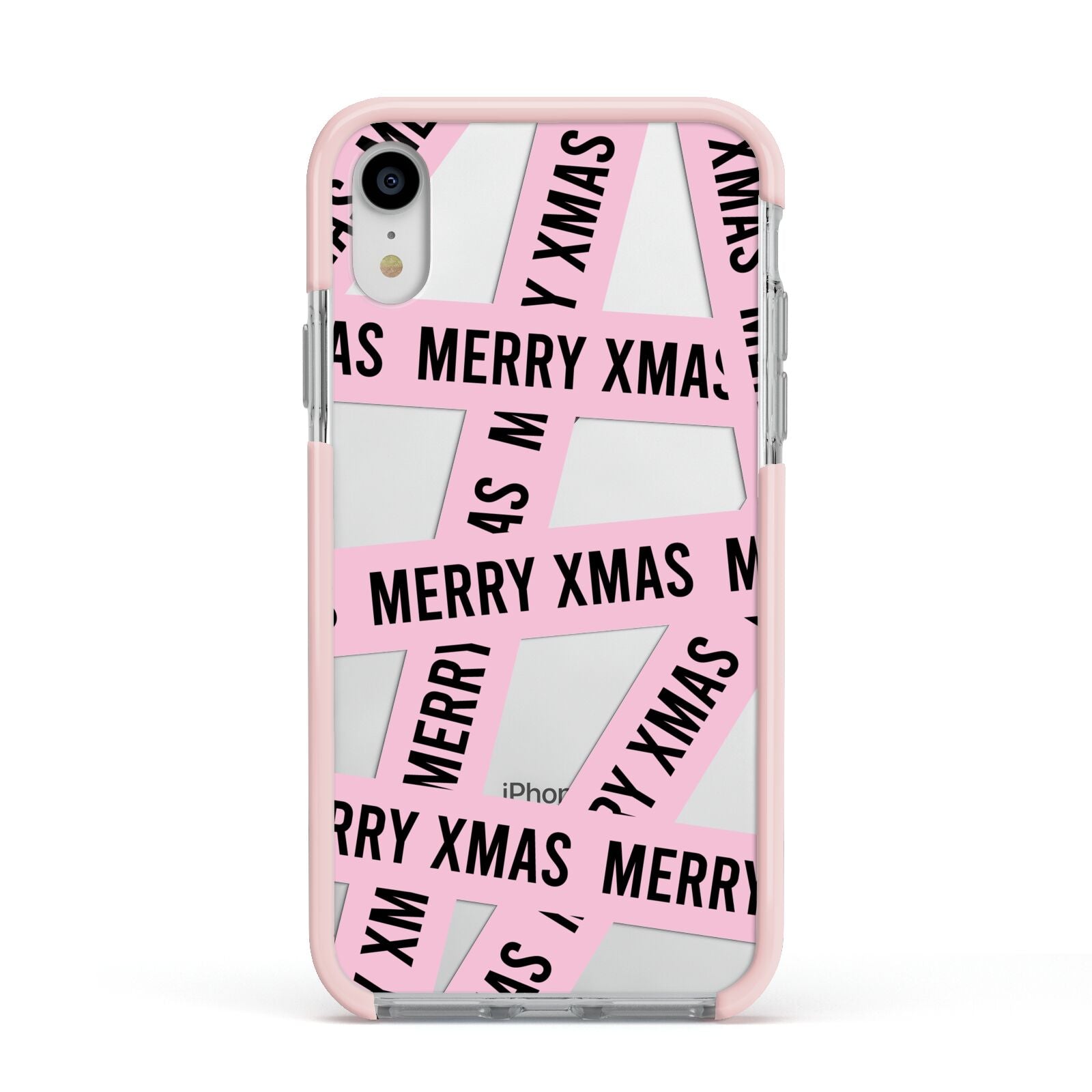 Merry Christmas Tape Apple iPhone XR Impact Case Pink Edge on Silver Phone
