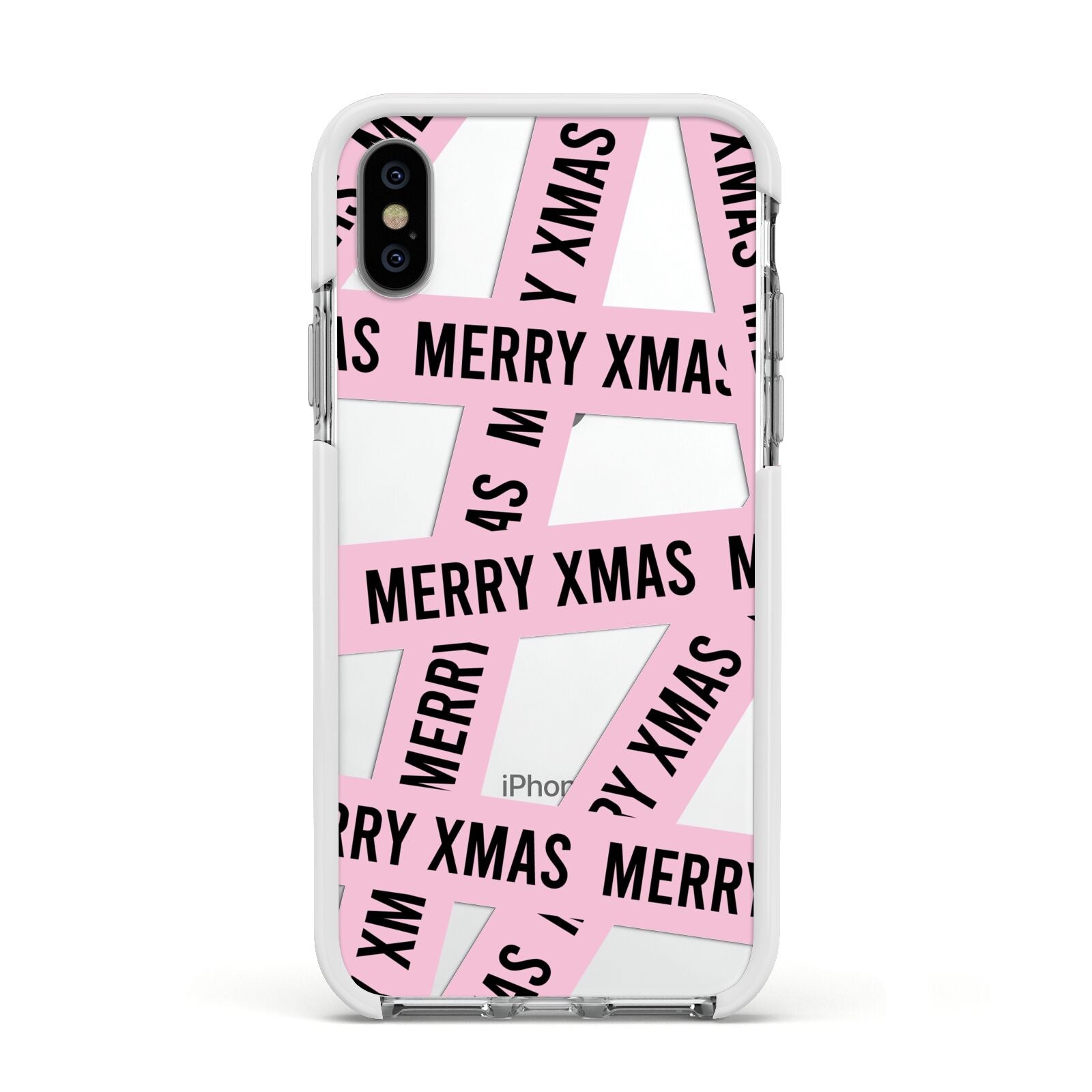 Merry Christmas Tape Apple iPhone Xs Impact Case White Edge on Silver Phone