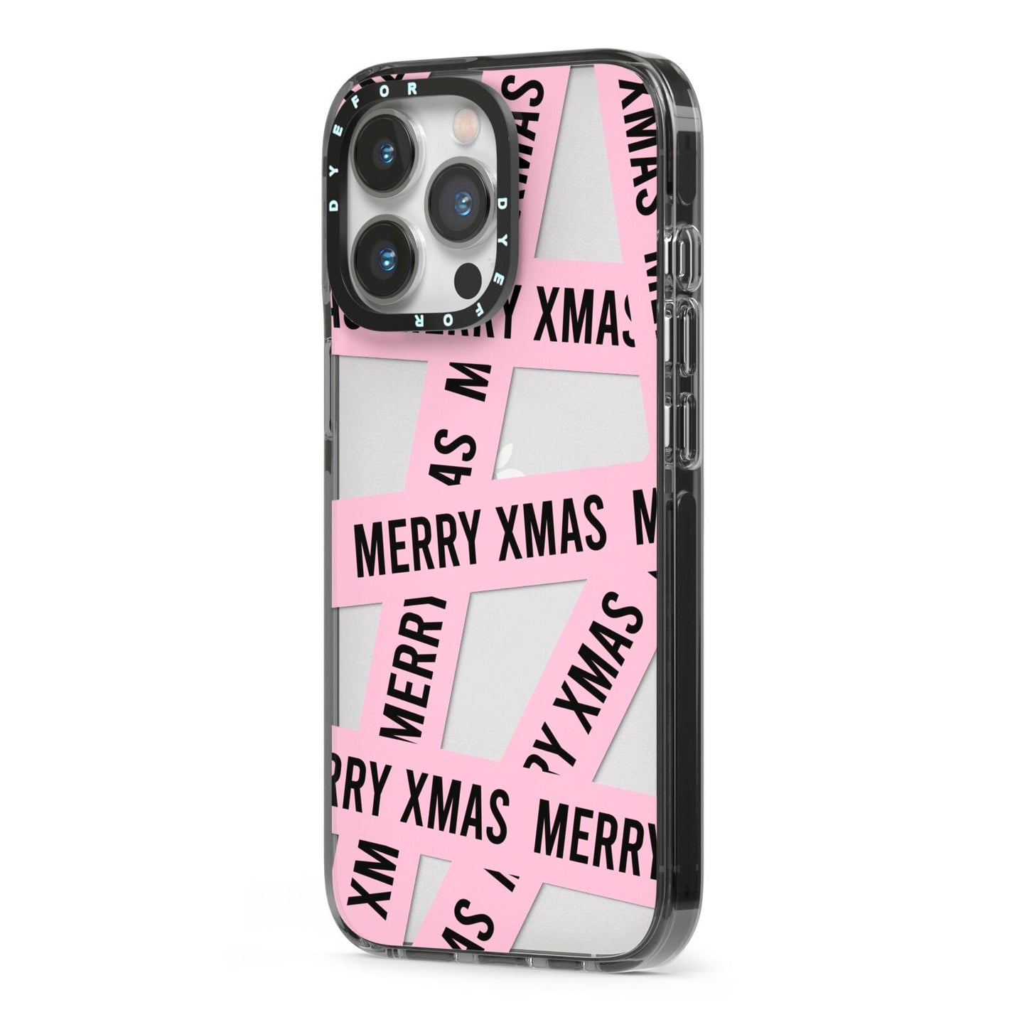 Merry Christmas Tape iPhone 13 Pro Black Impact Case Side Angle on Silver phone