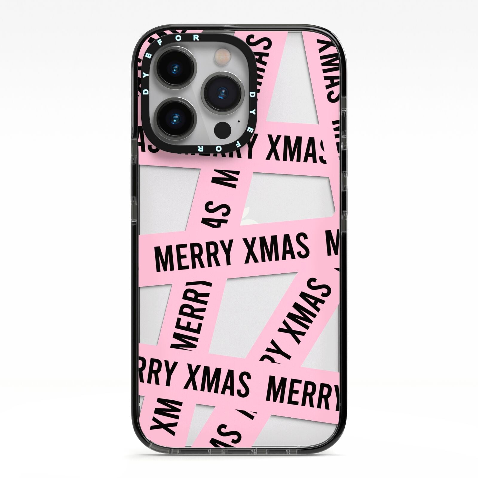 Merry Christmas Tape iPhone 13 Pro Black Impact Case on Silver phone