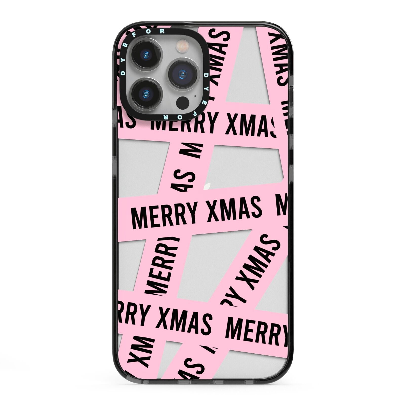 Merry Christmas Tape iPhone 13 Pro Max Black Impact Case on Silver phone