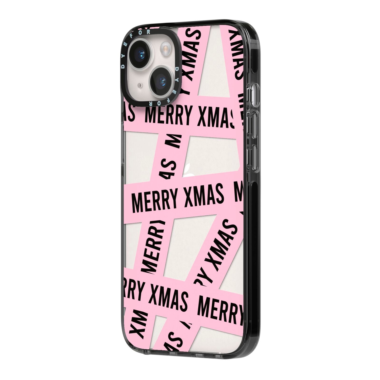 Merry Christmas Tape iPhone 14 Black Impact Case Side Angle on Silver phone