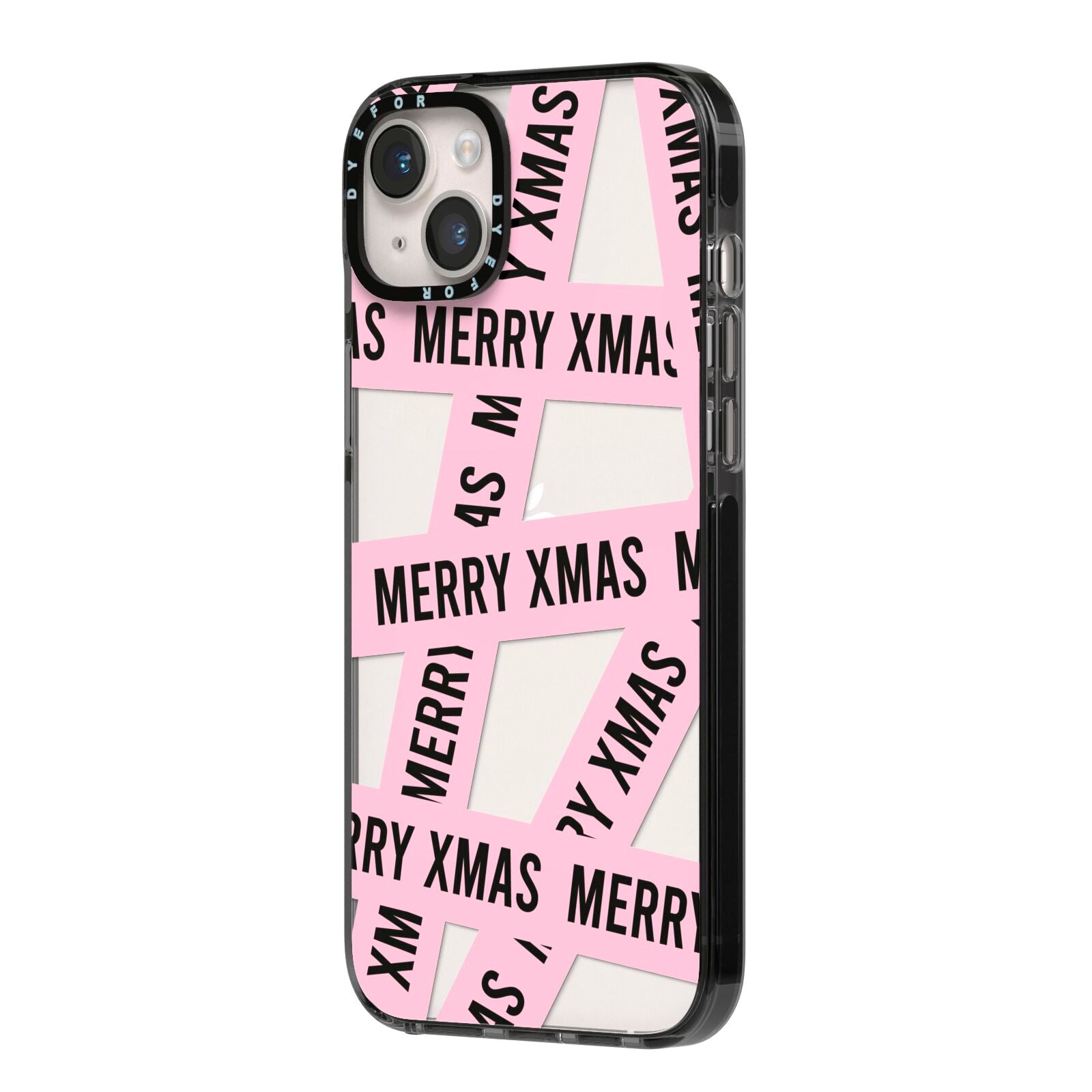 Merry Christmas Tape iPhone 14 Plus Black Impact Case Side Angle on Silver phone