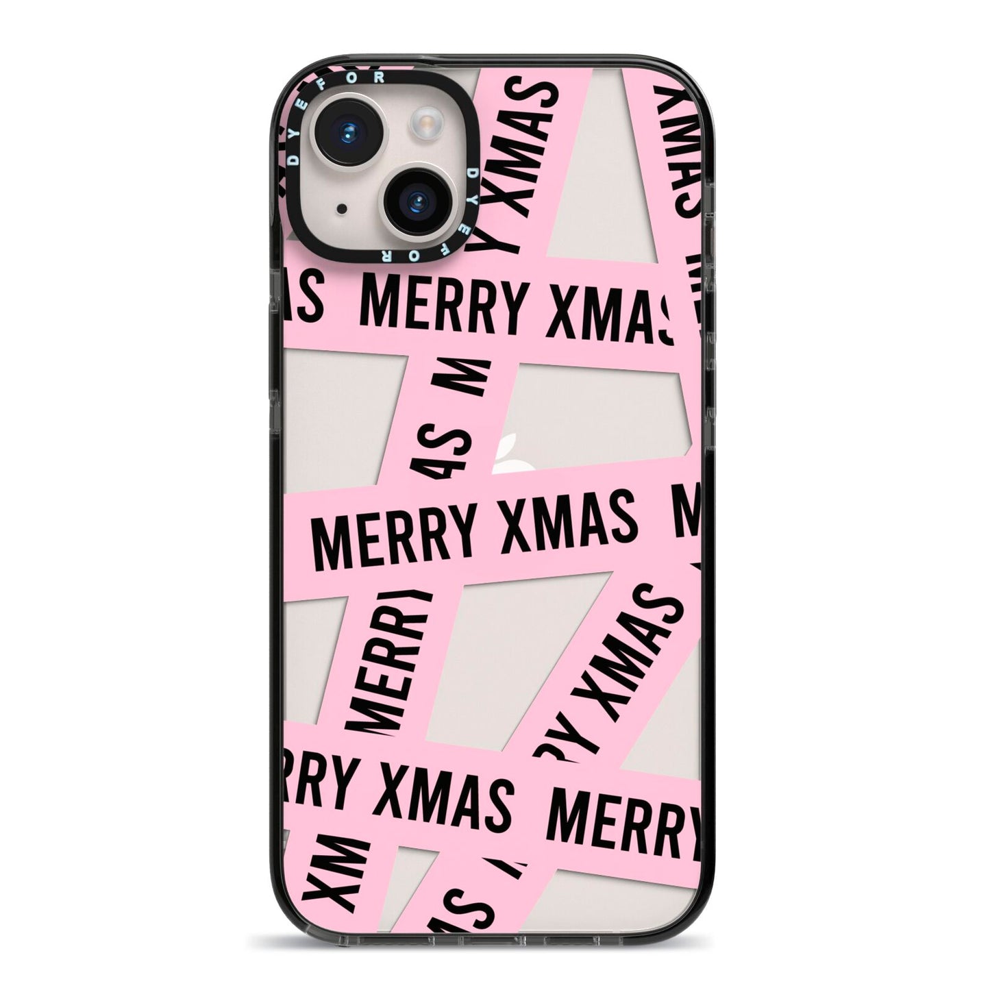 Merry Christmas Tape iPhone 14 Plus Black Impact Case on Silver phone