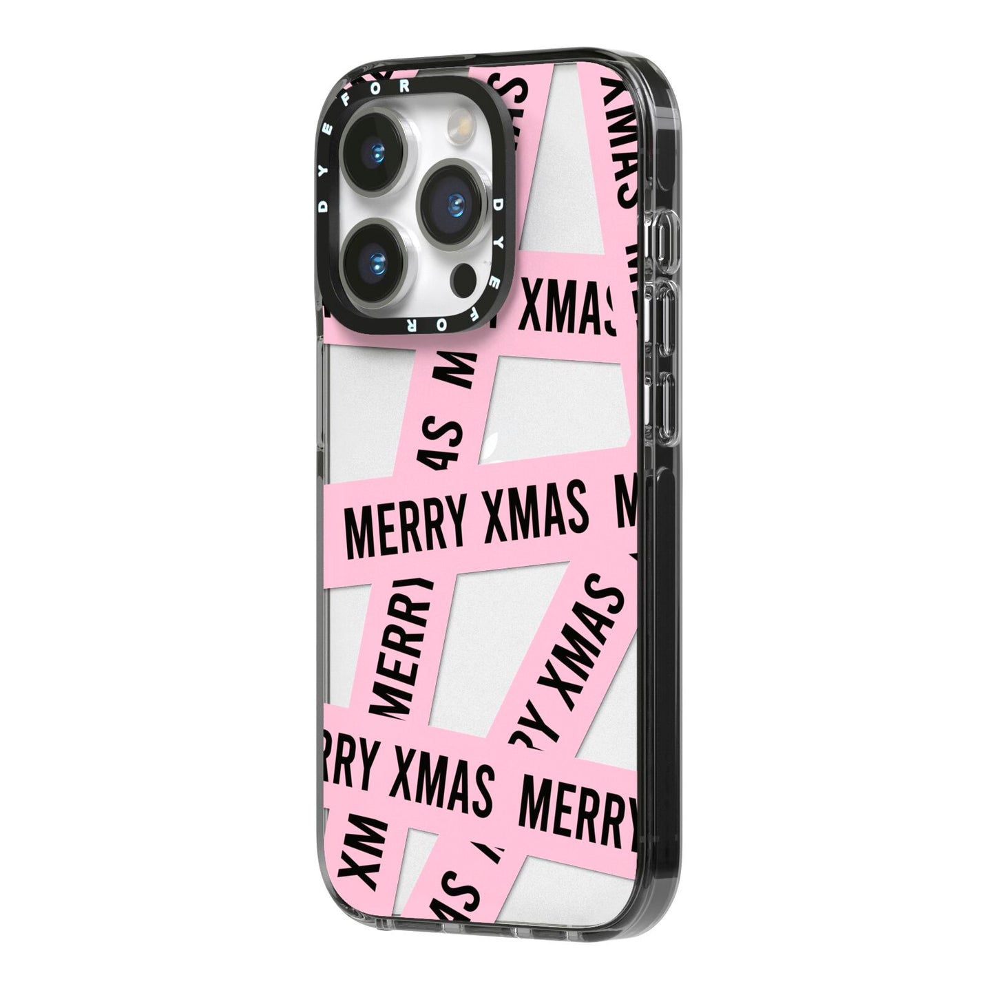 Merry Christmas Tape iPhone 14 Pro Black Impact Case Side Angle on Silver phone