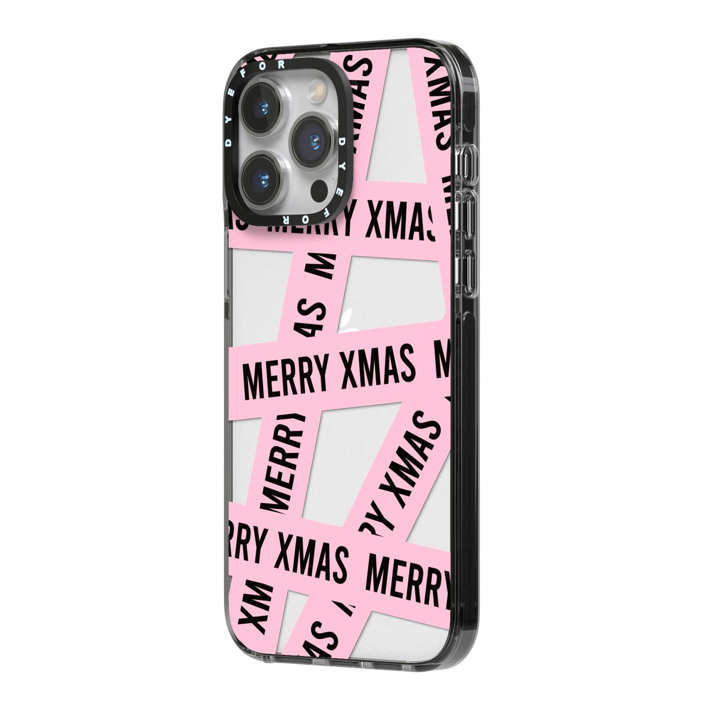 Merry Christmas Tape iPhone 14 Pro Max Black Impact Case Side Angle on Silver phone