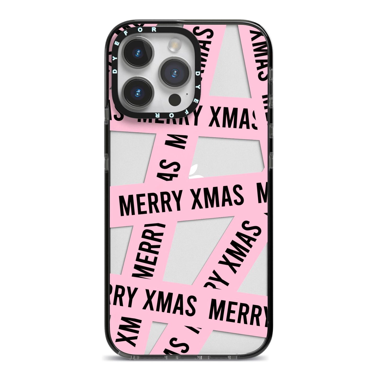Merry Christmas Tape iPhone 14 Pro Max Black Impact Case on Silver phone
