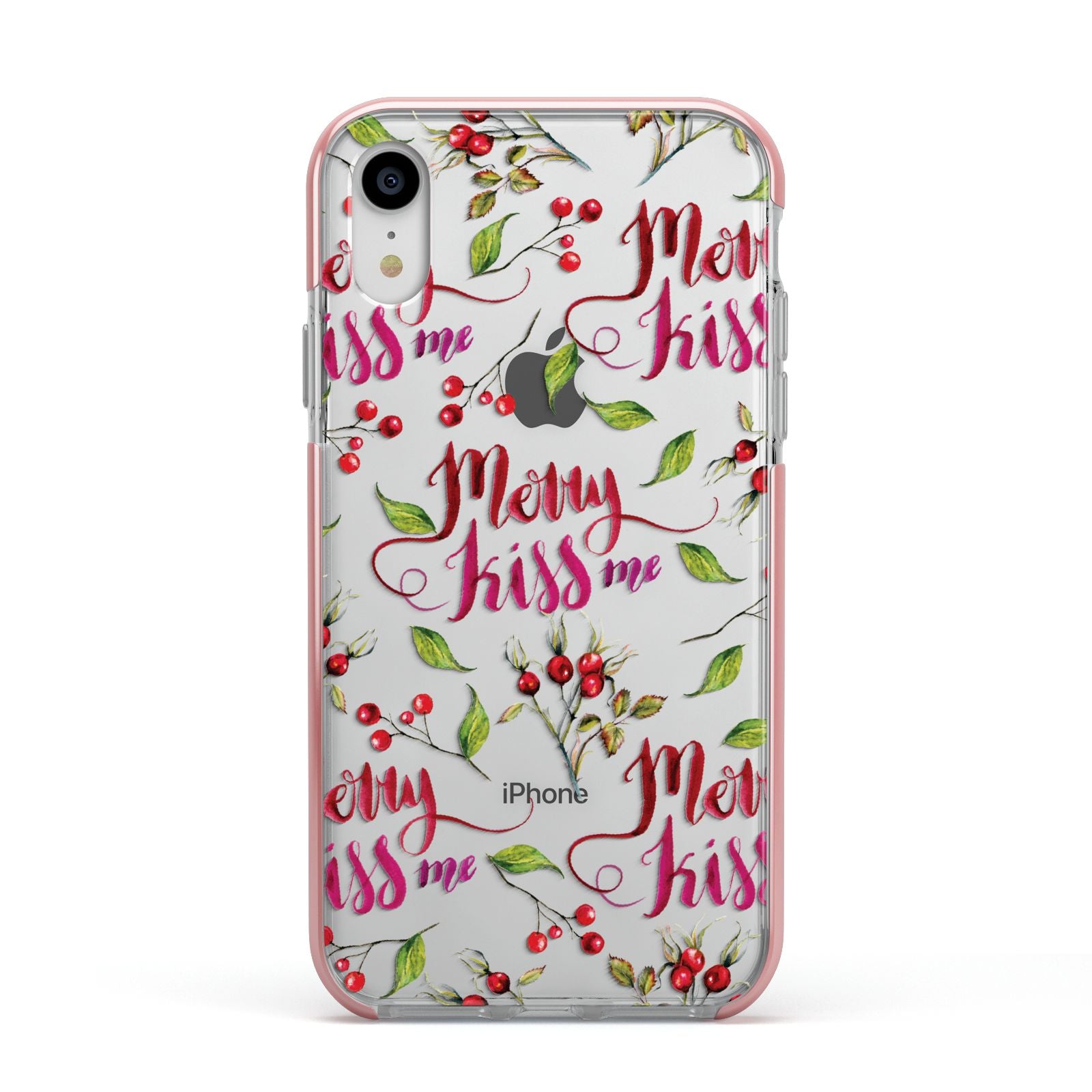 Merry kiss me Apple iPhone XR Impact Case Pink Edge on Silver Phone