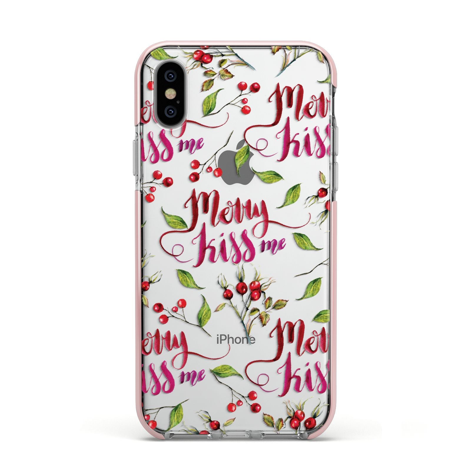 Merry kiss me Apple iPhone Xs Impact Case Pink Edge on Silver Phone