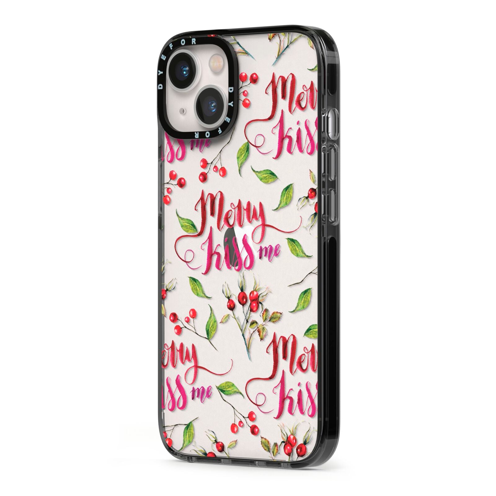Merry kiss me iPhone 13 Black Impact Case Side Angle on Silver phone