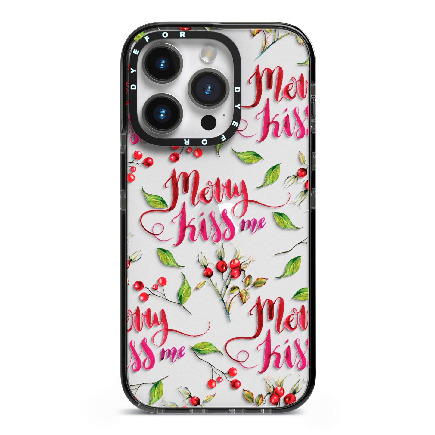 Merry kiss me iPhone 14 Pro Black Impact Case on Silver phone