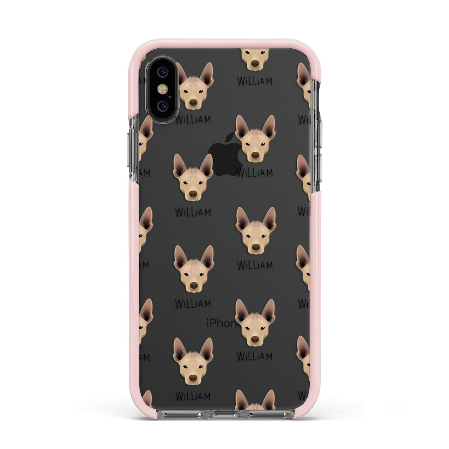 Mexican Hairless Icon with Name Apple iPhone Xs Impact Case Pink Edge on Black Phone
