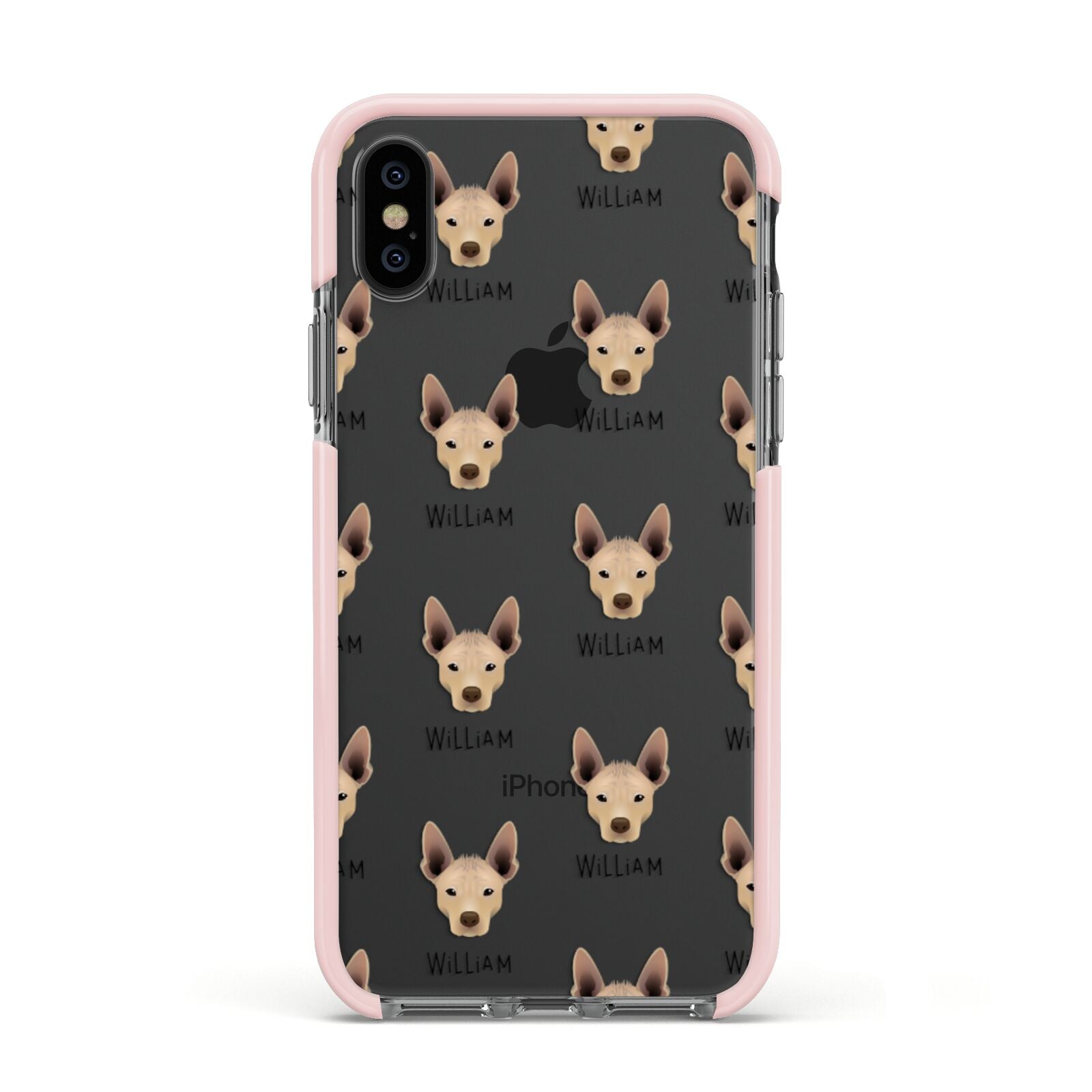Mexican Hairless Icon with Name Apple iPhone Xs Impact Case Pink Edge on Black Phone