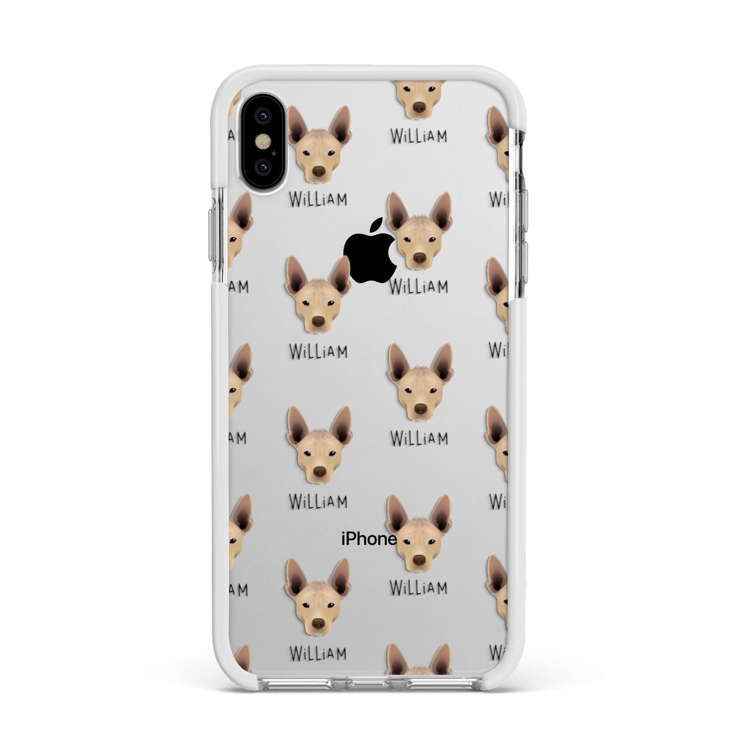 Mexican Hairless Icon with Name Apple iPhone Xs Max Impact Case White Edge on Silver Phone