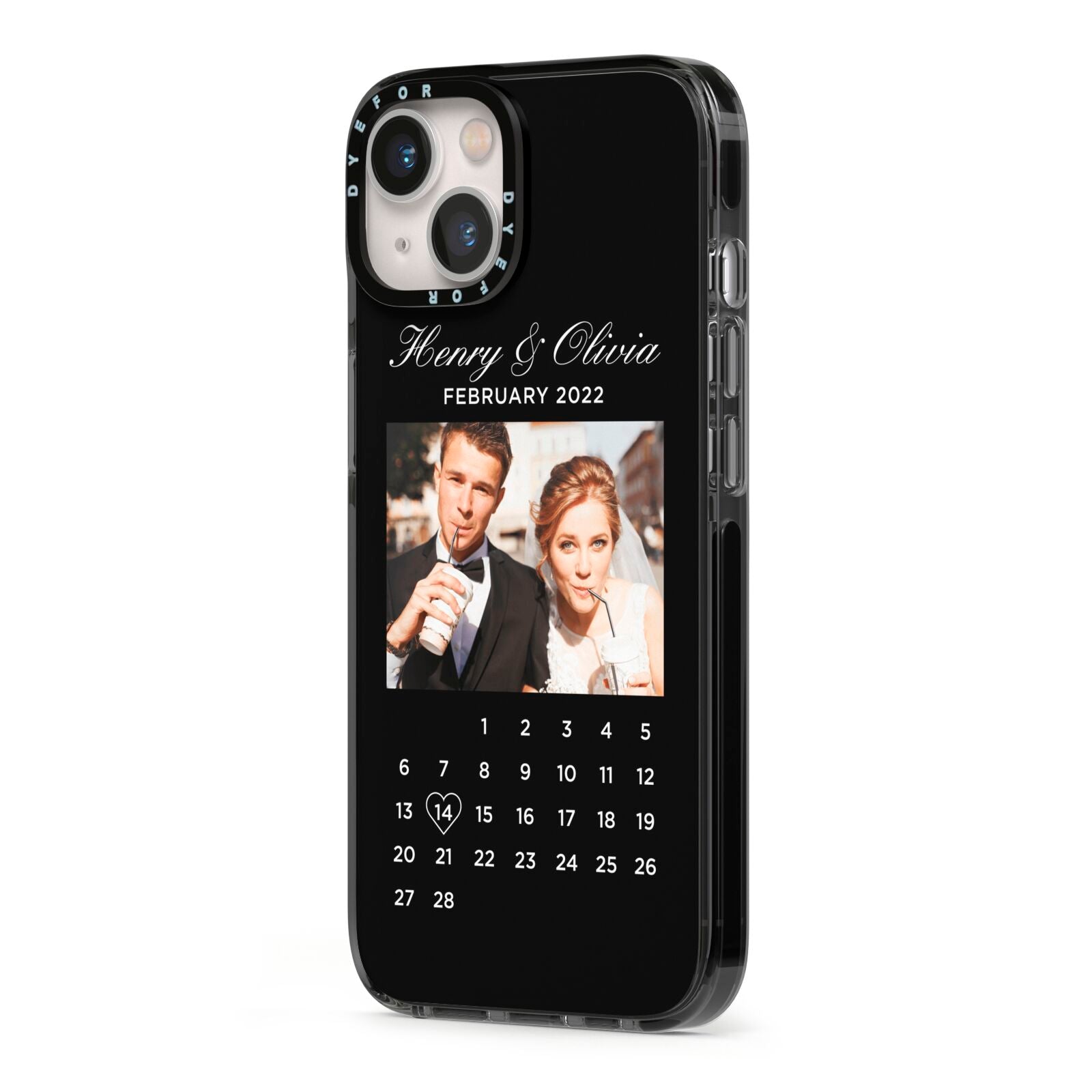 Milestone Date Personalised Photo iPhone 13 Black Impact Case Side Angle on Silver phone