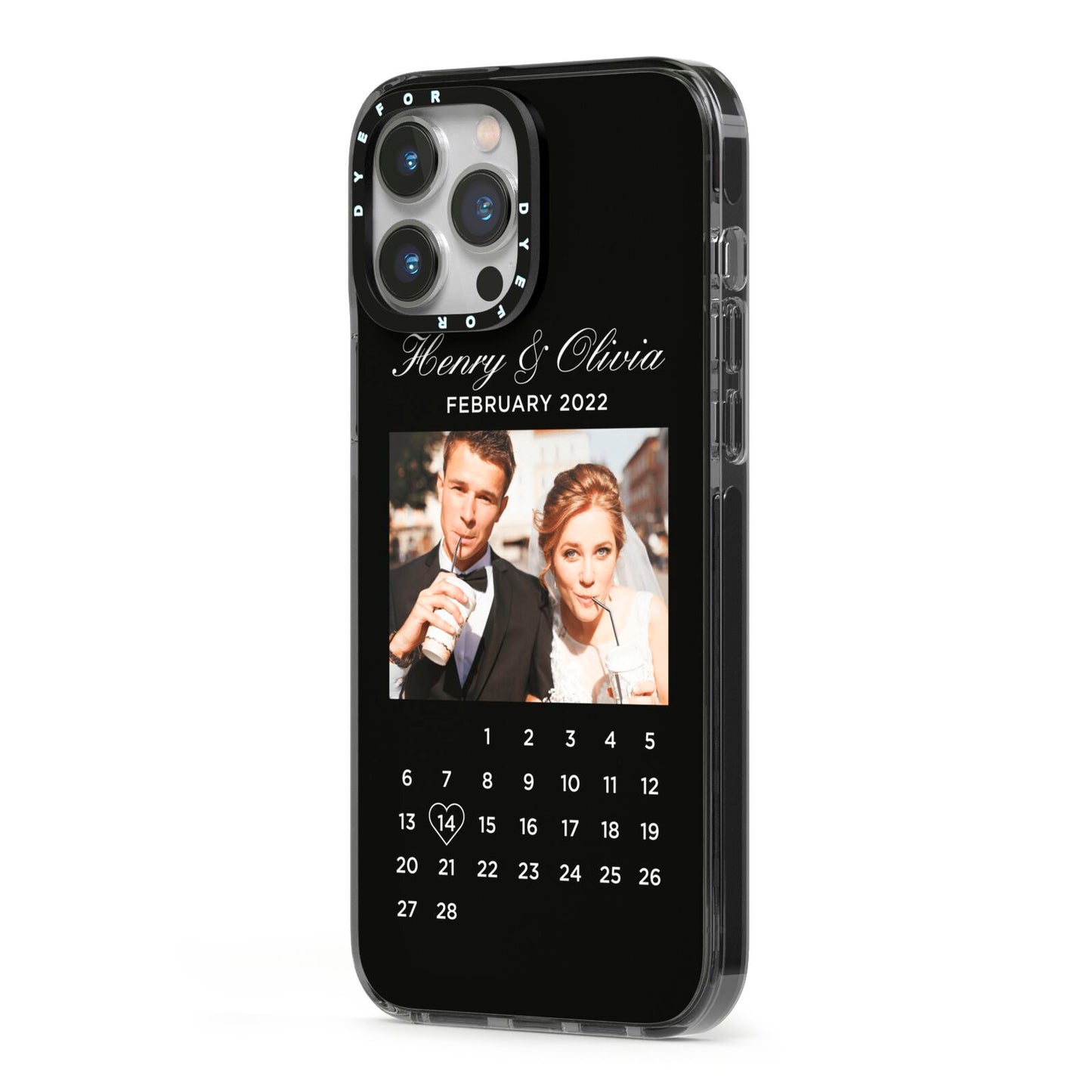 Milestone Date Personalised Photo iPhone 13 Pro Max Black Impact Case Side Angle on Silver phone