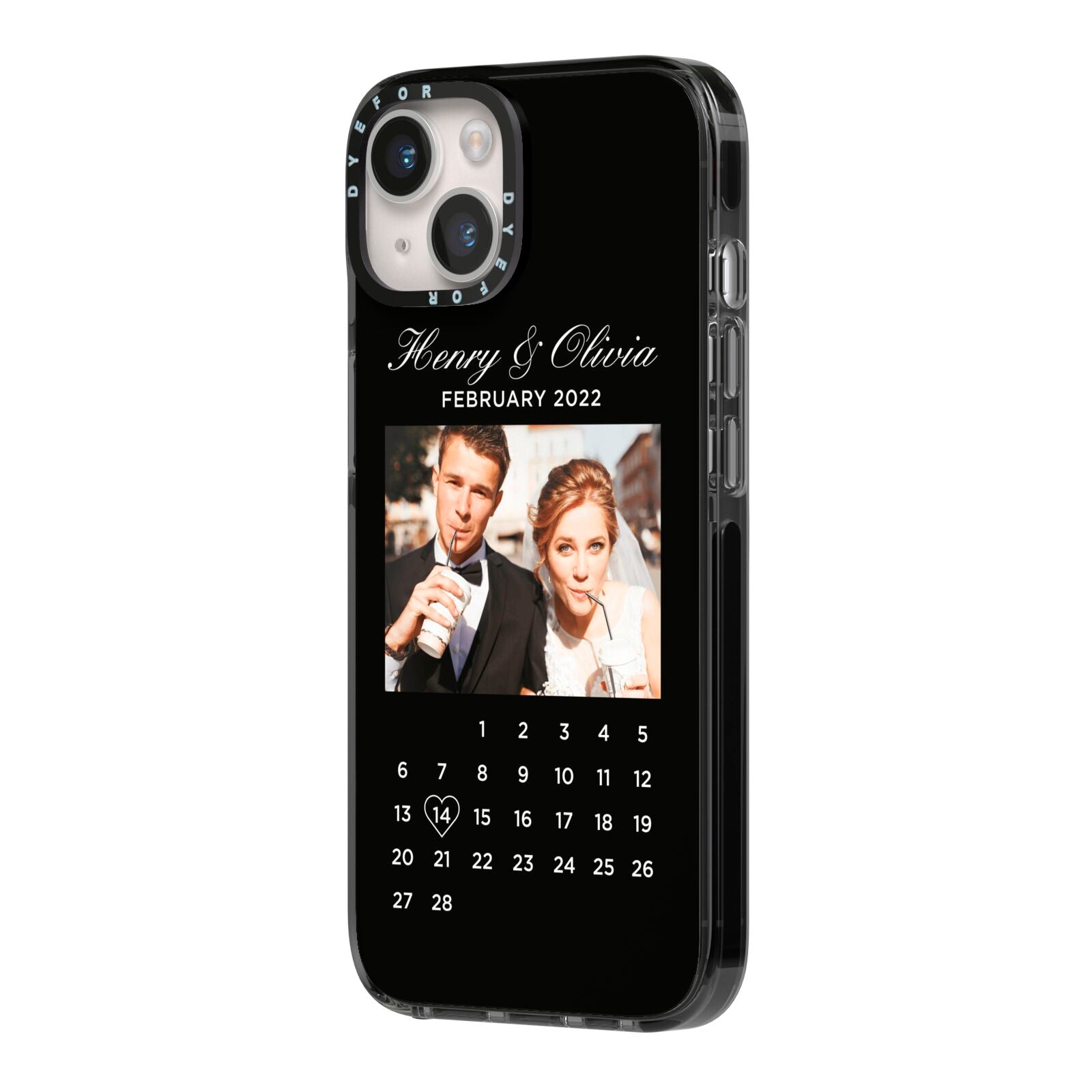 Milestone Date Personalised Photo iPhone 14 Black Impact Case Side Angle on Silver phone