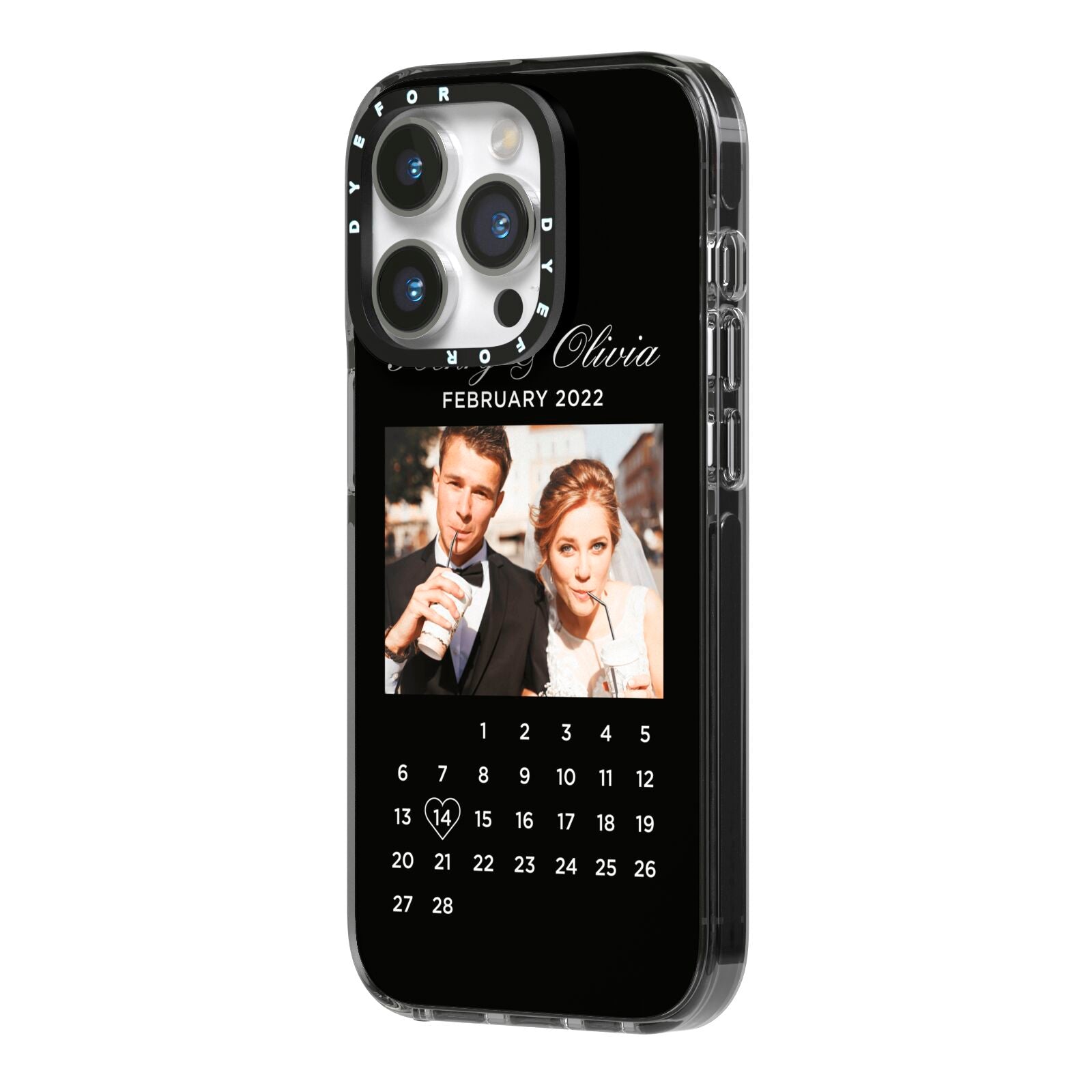 Milestone Date Personalised Photo iPhone 14 Pro Black Impact Case Side Angle on Silver phone