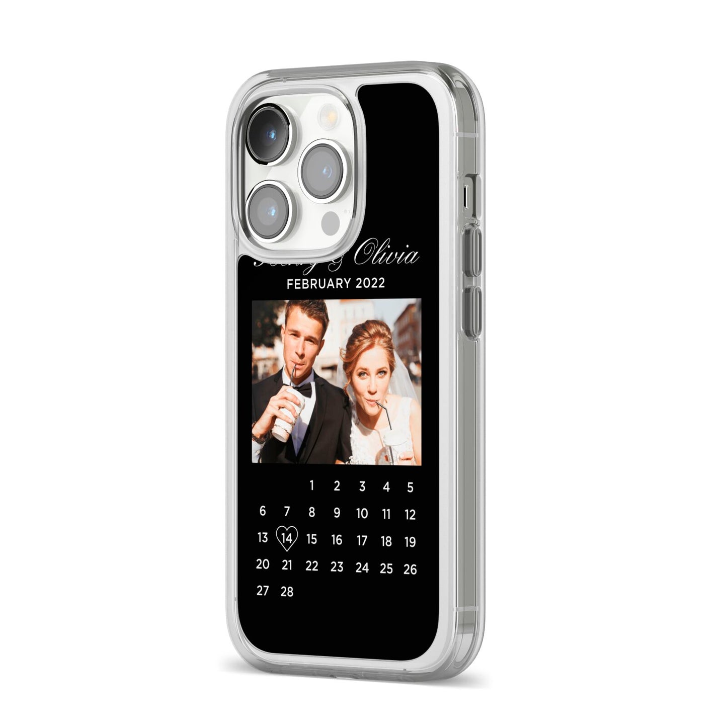 Milestone Date Personalised Photo iPhone 14 Pro Clear Tough Case Silver Angled Image