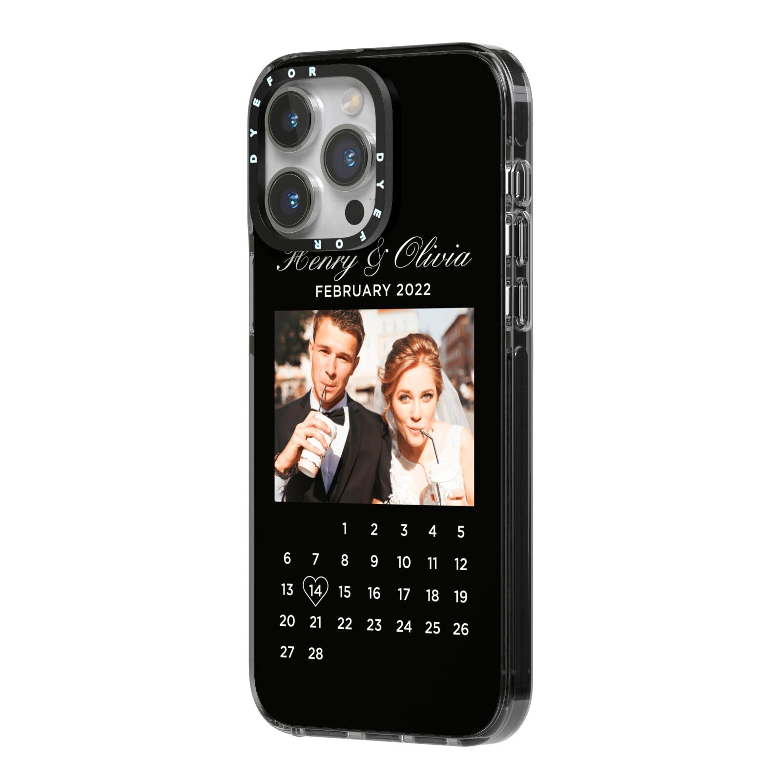 Milestone Date Personalised Photo iPhone 14 Pro Max Black Impact Case Side Angle on Silver phone