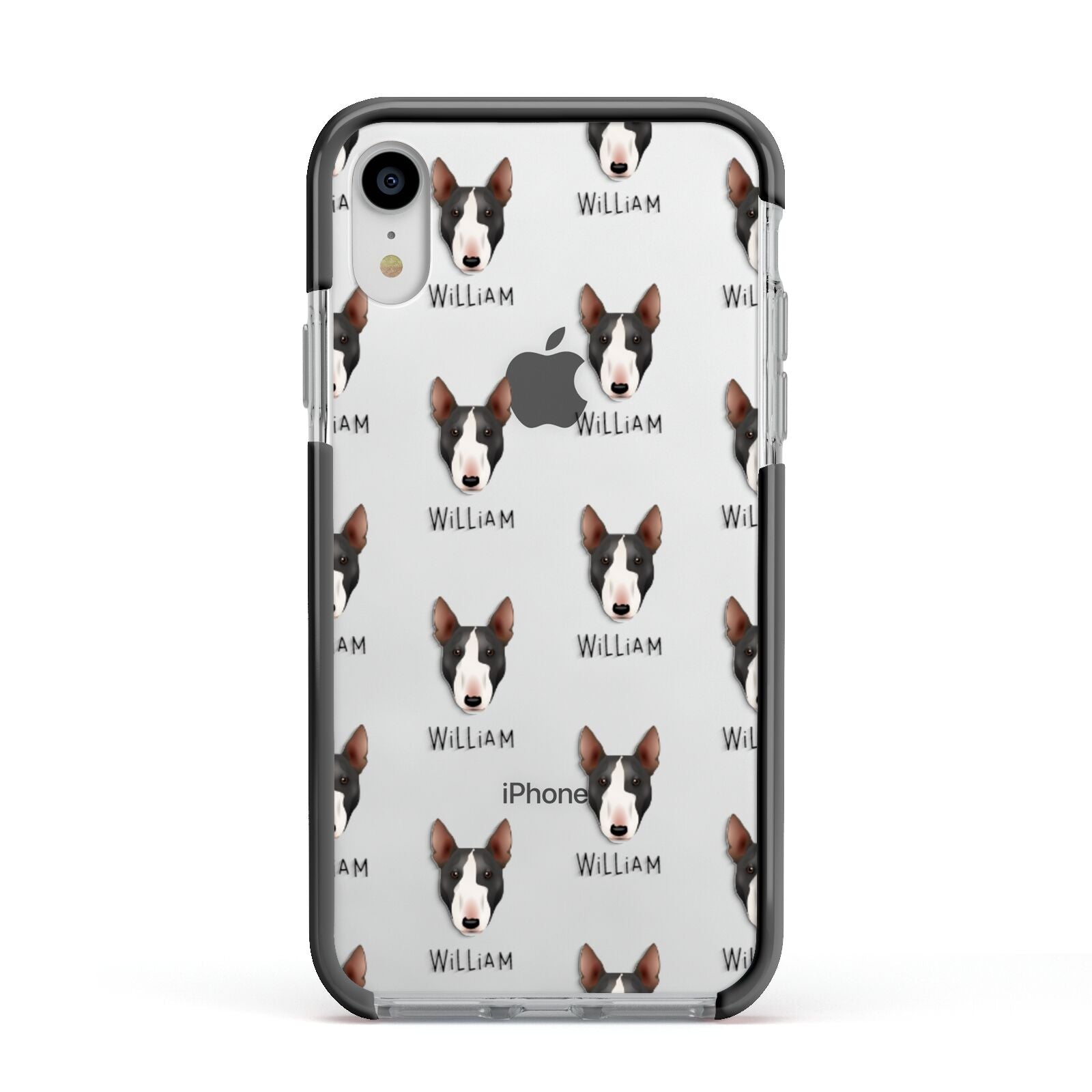 Miniature Bull Terrier Icon with Name Apple iPhone XR Impact Case Black Edge on Silver Phone