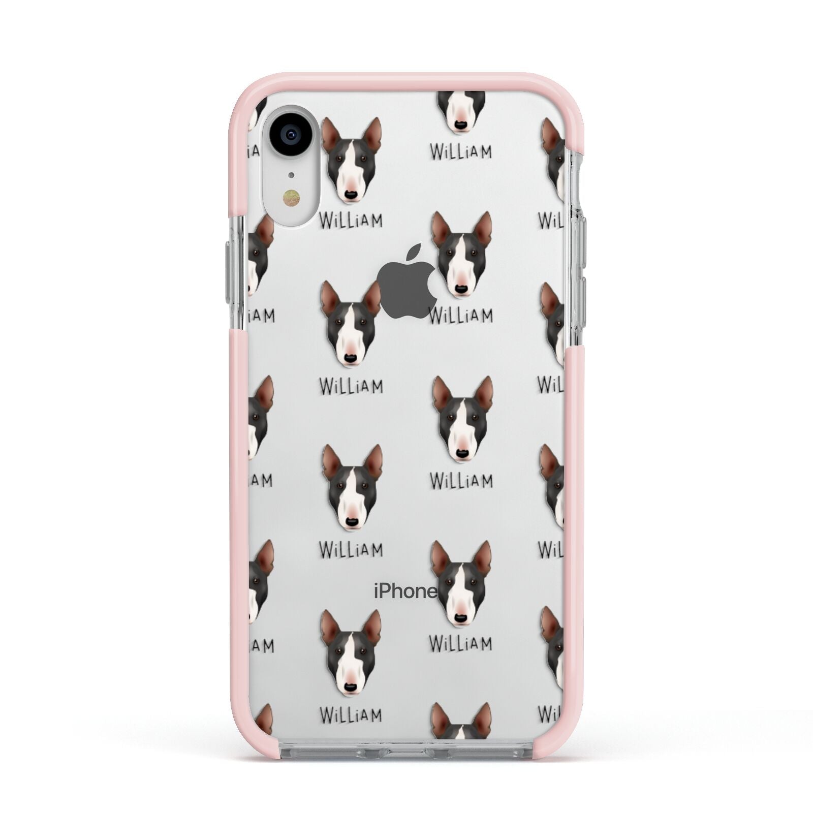 Miniature Bull Terrier Icon with Name Apple iPhone XR Impact Case Pink Edge on Silver Phone
