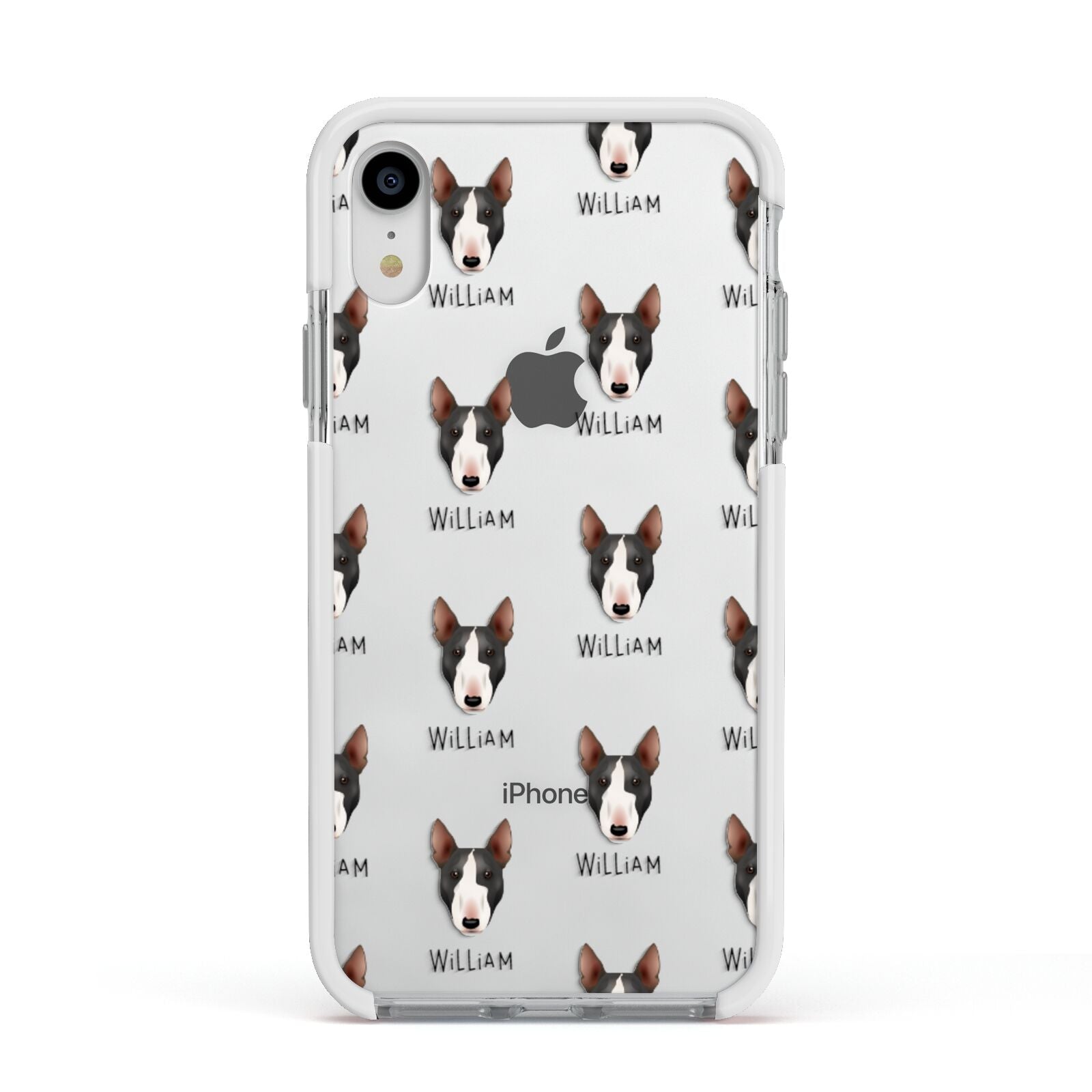 Miniature Bull Terrier Icon with Name Apple iPhone XR Impact Case White Edge on Silver Phone